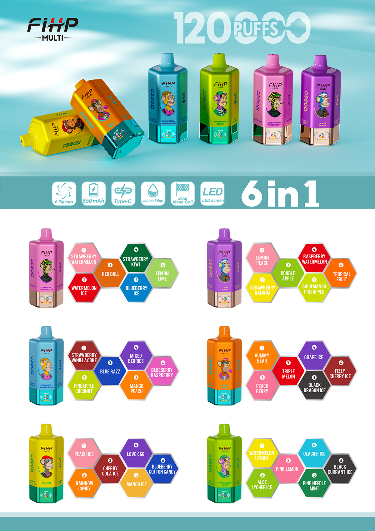 Fihp 120K Puffs 6in1 Multi Tastes 120000 Vapedisposable Vape 6in1 Flavor Bang 150K 100K 110K Puff Vape Factory Wholesale