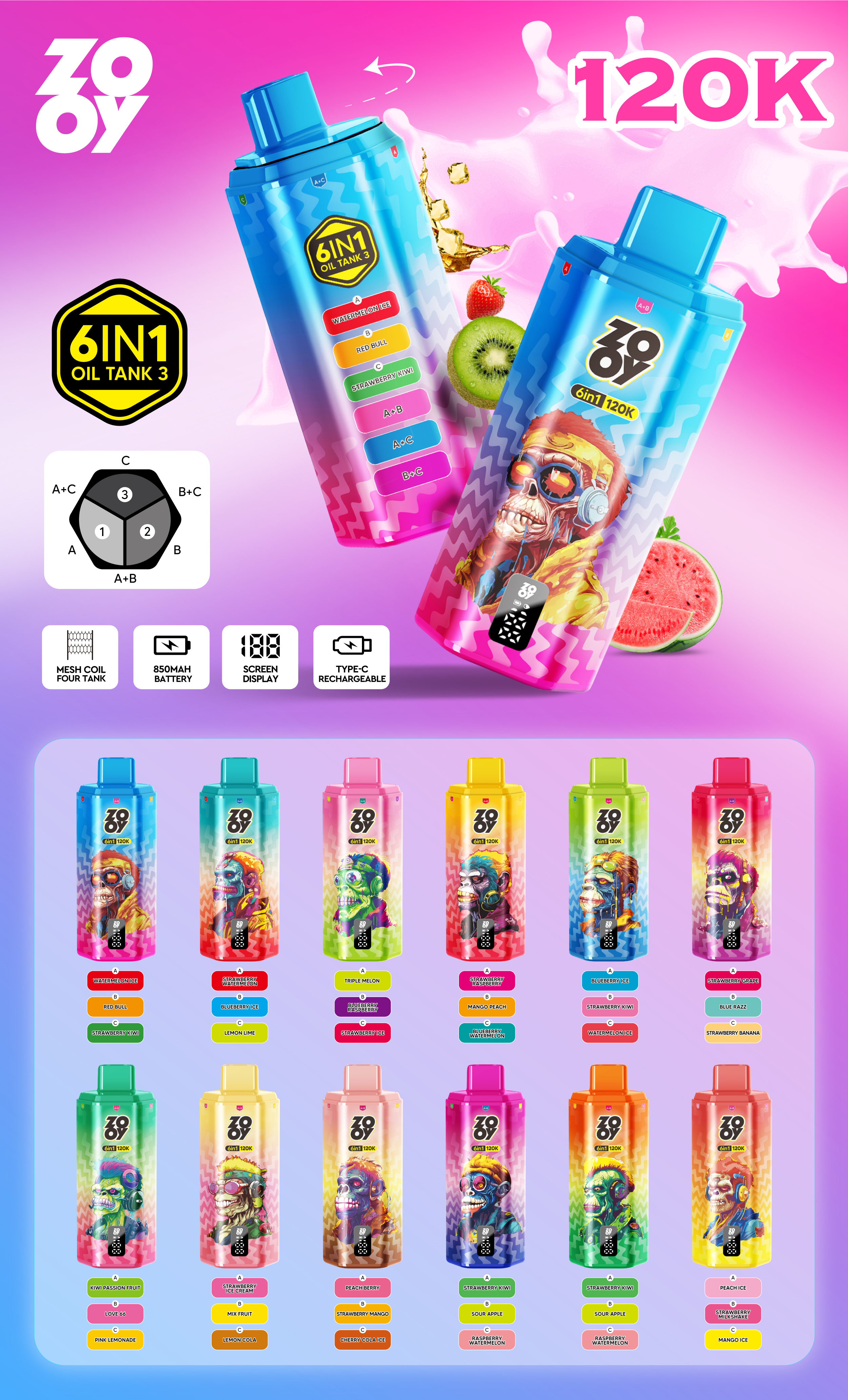 EU Warehouse Stock Germany Wholesale Zooy 6 in 1 120000 Puff Disposable Vape Pen Rechargeable Battery Eliquid Display Disposable Vapor