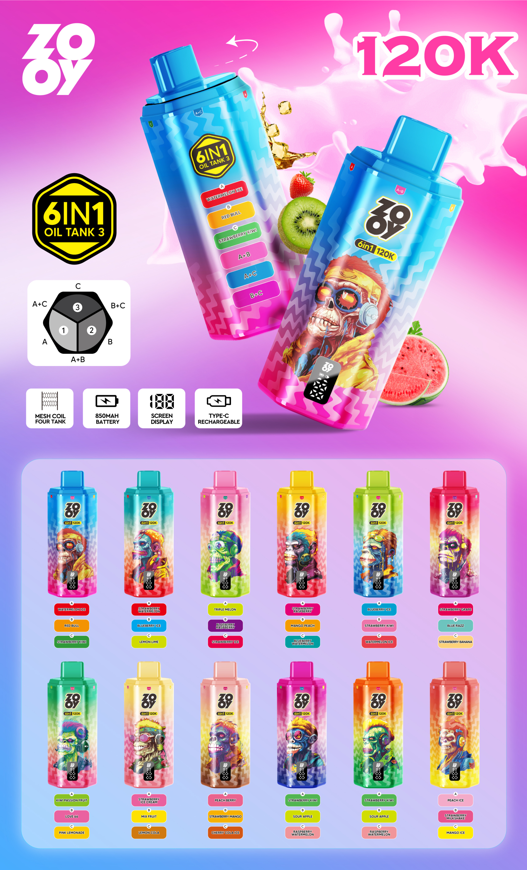 EU Warehouse Stock Germany Wholesale Zooy 6 in 1 120000 Puff Disposable Vape Pen Rechargeable Battery Eliquid Display Disposable Vapor