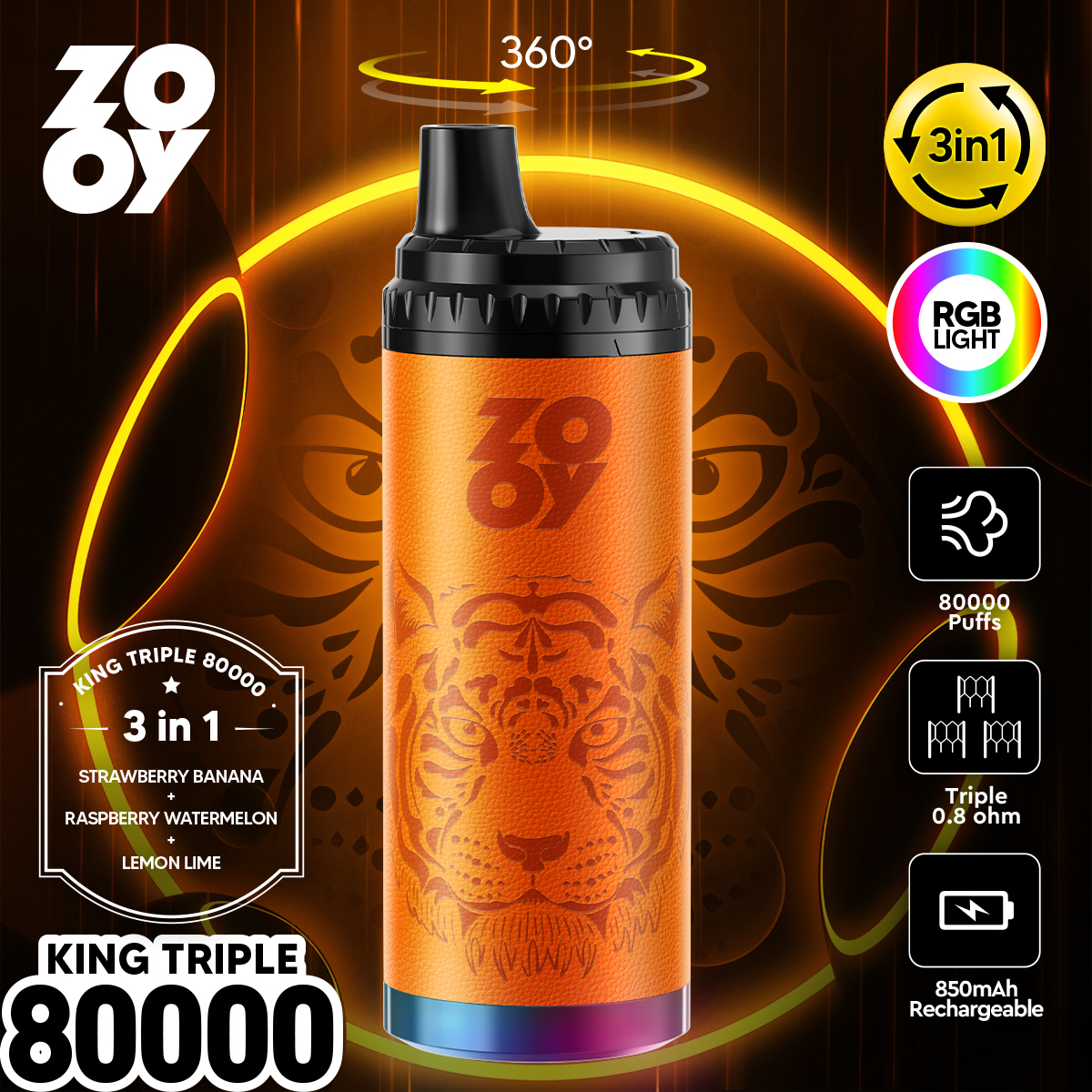 EU Spain Wrehouse Wholesale Zooy Triple Flavors 3in 1 80000 Puffs Vaper 70K Puff Disposable Vape Pen Electronic Cigarettes 50000 60000 Puffs EU Vaper