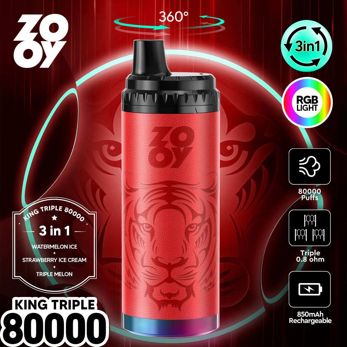 EU Spain Wrehouse Wholesale Zooy Triple Flavors 3in 1 80000 Puffs Vaper 70K Puff Disposable Vape Pen Electronic Cigarettes 50000 60000 Puffs EU Vaper