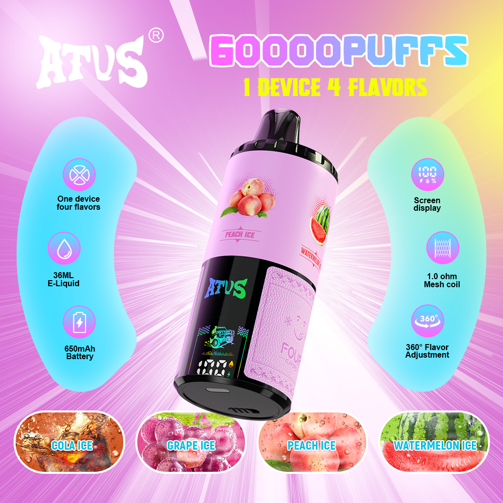 Atvs 60000 Puffs 4 in 1 Flavors Disposable Vape 60K 50K Rotating System 60ml E-Liquid Large Smoke Online Shopping Digital Screen