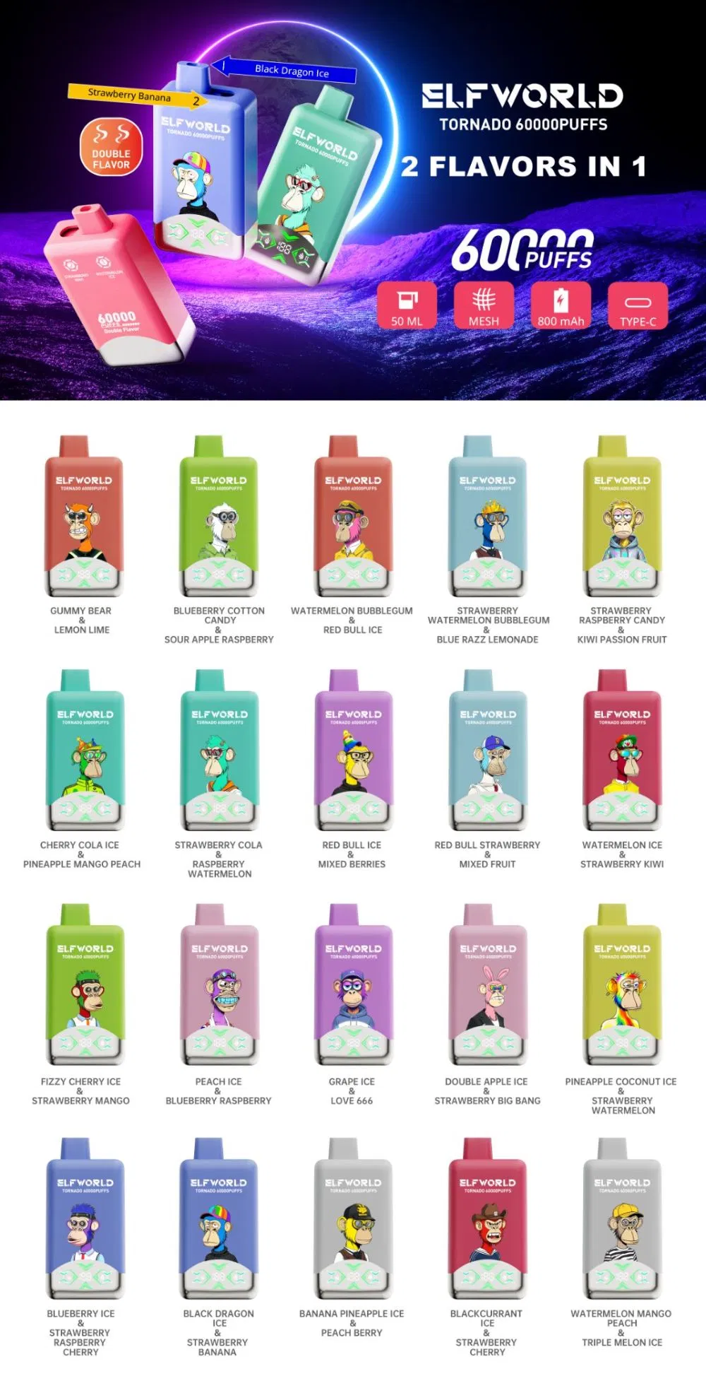 Elfworld Double Flavor 60K Tornado 60000 Hottest Double Flavor 40K 60K Twins Vape 2 in 1 Pod Big Puff Bar