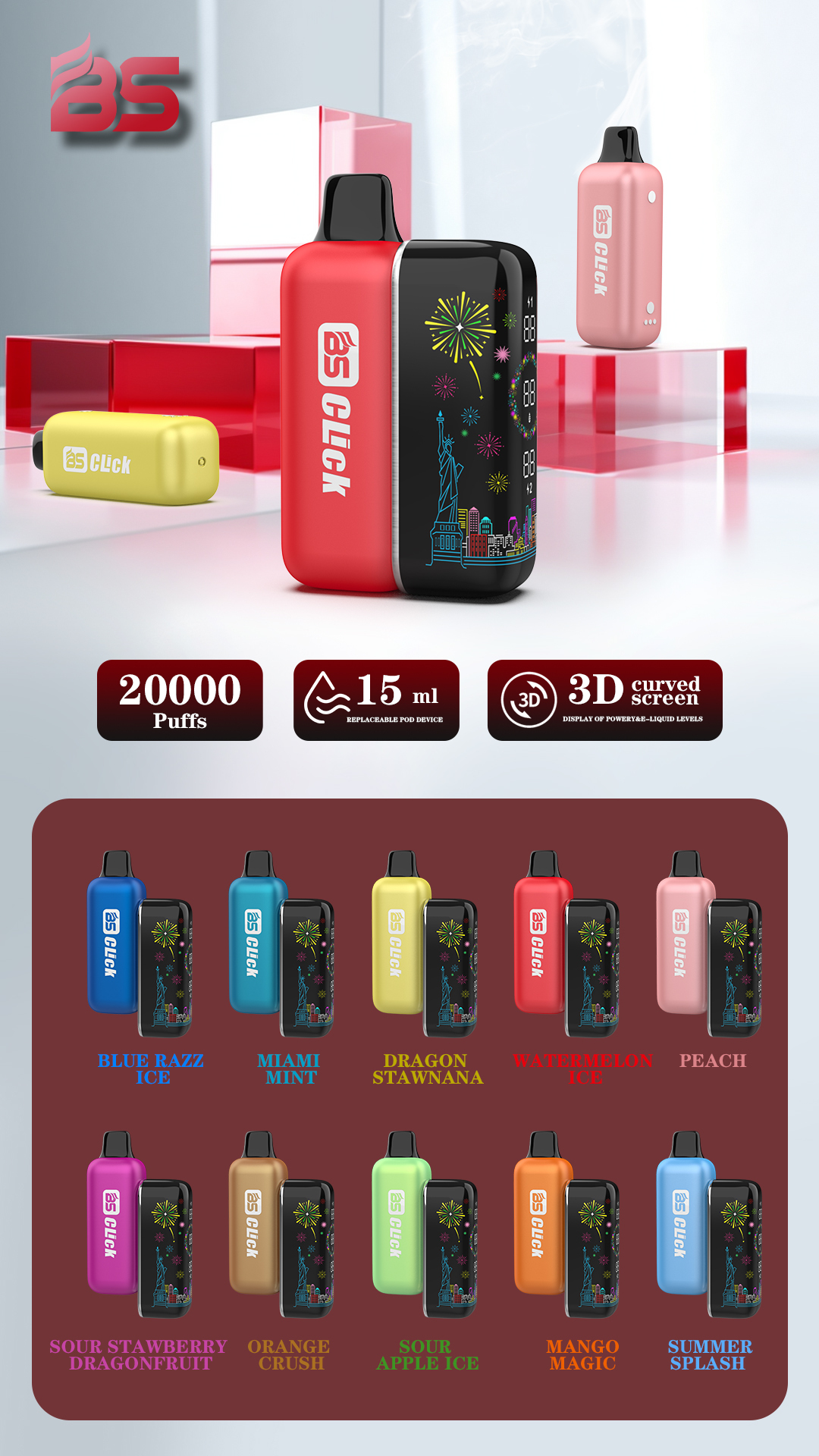 Breze Stiik BS Click Mesh Replacement Disposable Vape Pod with 20000 Puffs E-Cig Tank E-Cigarette Vape Pen 20K Vapor