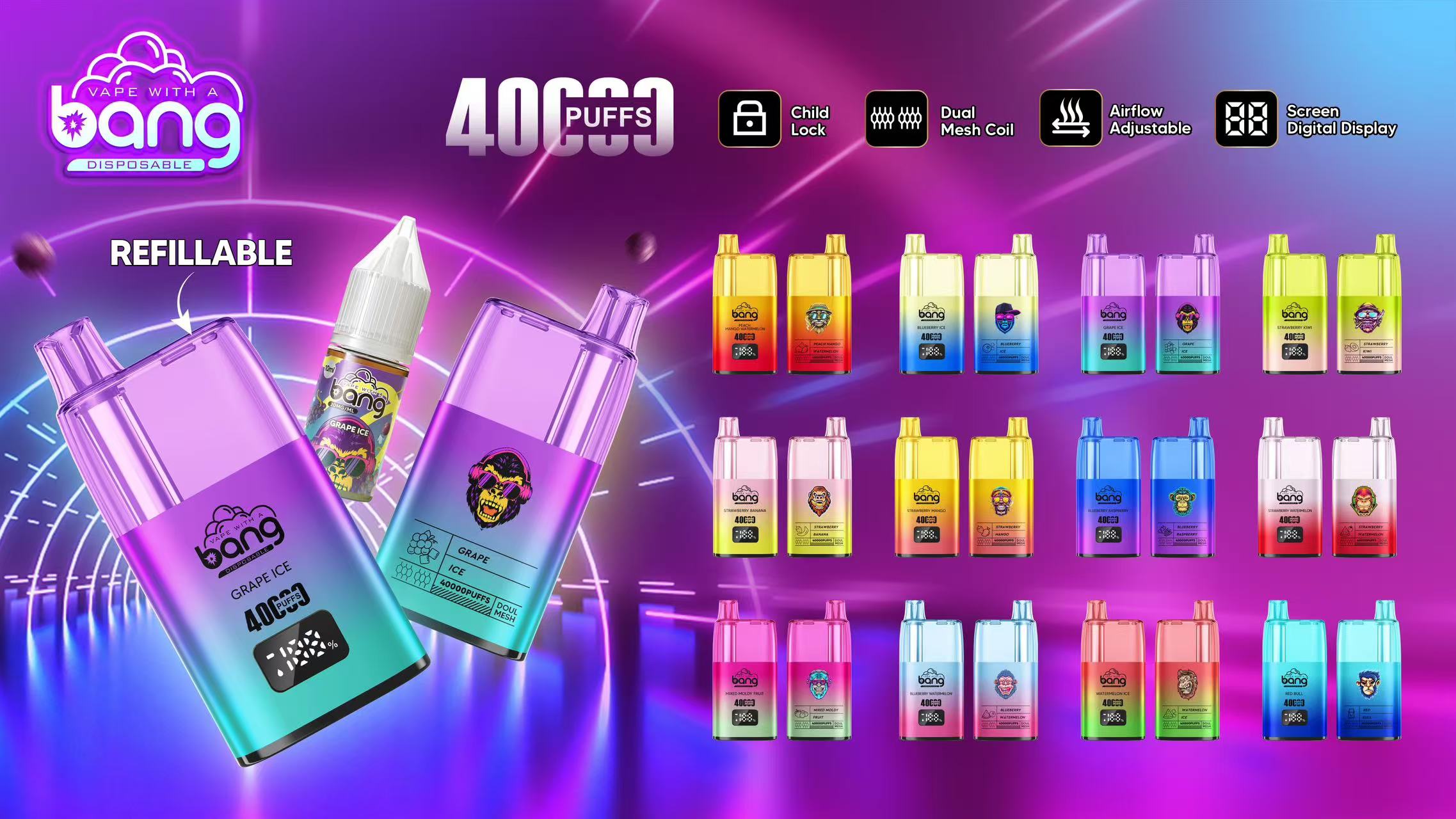 Wholesale I Vape Bang 40000 Puff Vape 40K Disposable E-Cigarette E Hookah Charger Refillable Pocket Hookah Shisha