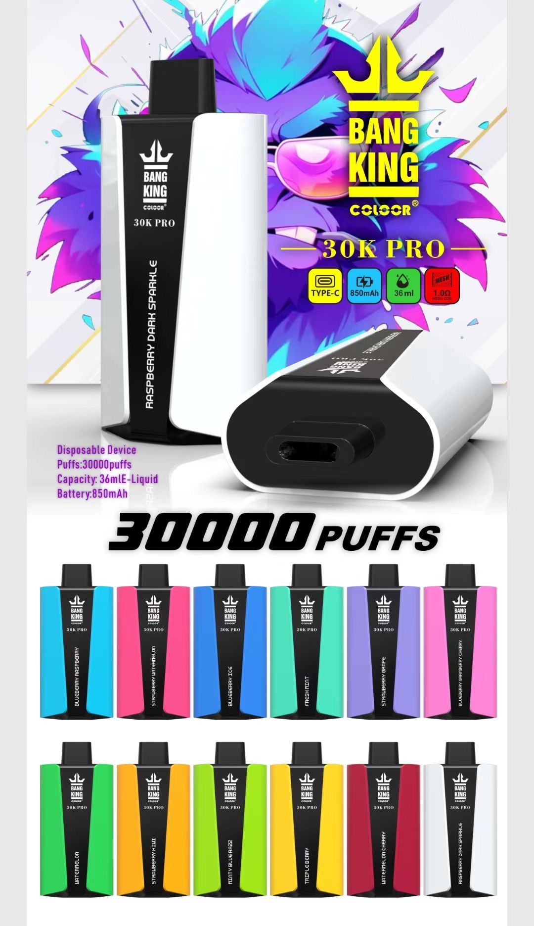 Bang 30000 PRO Puffs Disposable Vape Electronic Cigarette 36ml Mesh Coil Bang King 30K Pocket Hookah