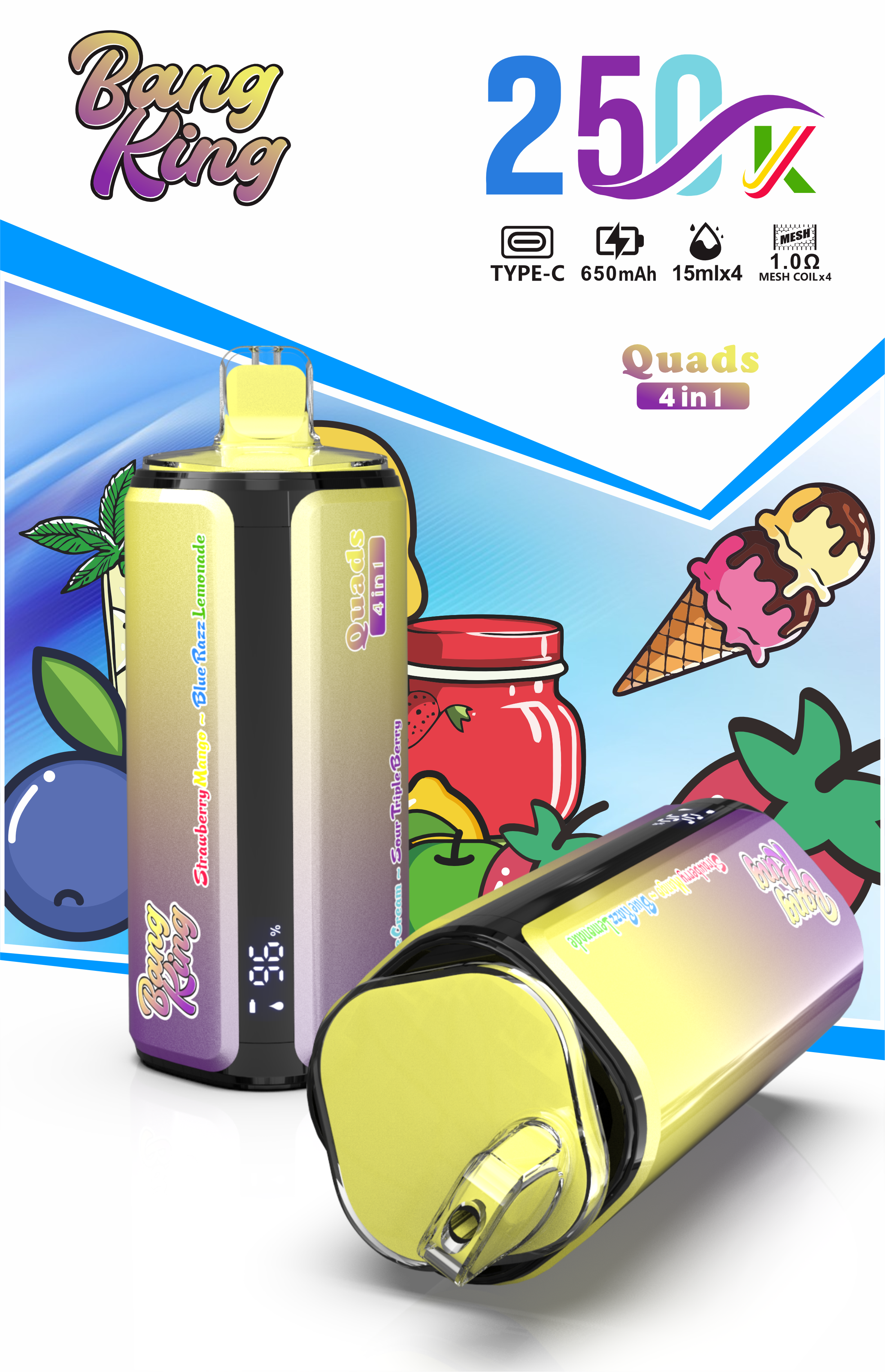 EU Warehouse Bang King Vape 4 in 1 250K Puff Vape 250000 Puff Disposable Vape Best Vape Disposable Vape 200K 300K Bang Ecigs Spain Germany Stock