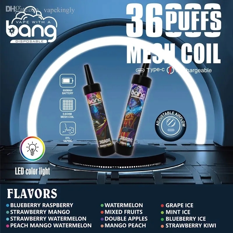Original bang puff 36000 disposable vapes Rechargeable E Cigarettes Mesh Coil 40ML E-liquid puff 36k vaper 0%2%3%5% LED color light vaper vs 20000 puff 36k puff 30k -Ecloudvaping