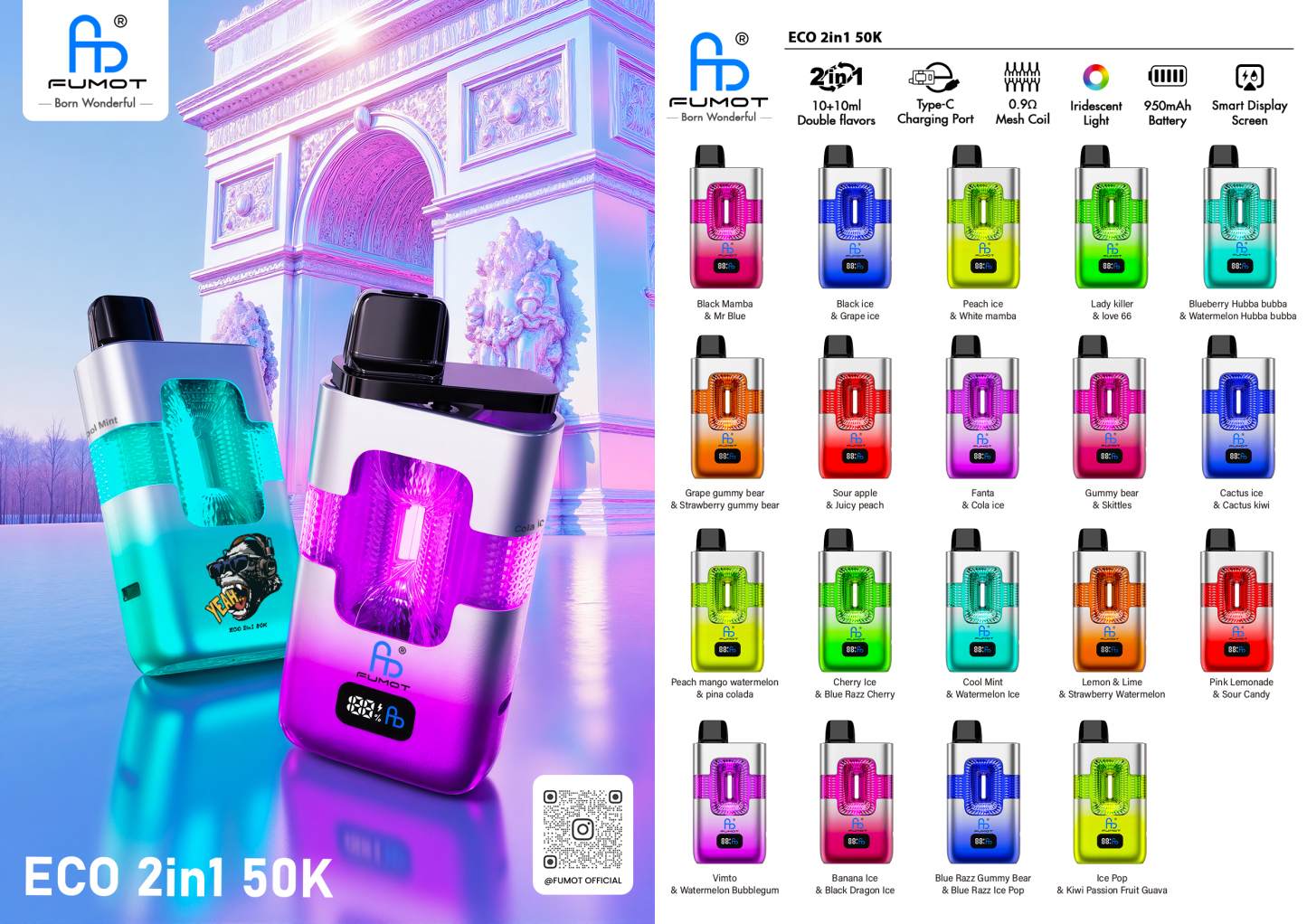 [Copy]Fumot RandM ECO 2in1 50000 Puffs Smart Digital Display Original Factory Power Display Randm 50K Vape Fast Shipping