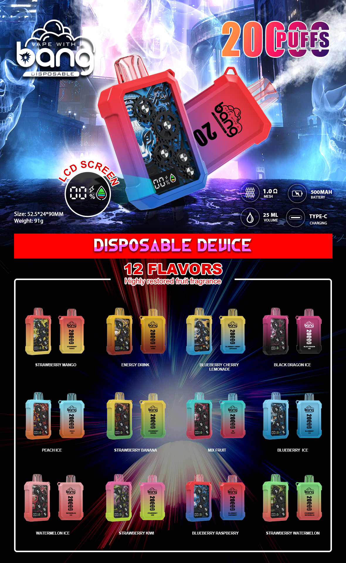 Original Bang 20000puff E Cigarette Set Puffs20k Disposable Vape Pen Pod 500mah LCD Display Rechargeable 25ml Vapers 0% 2% 3% 5% 12 Flavors Dual Mesh-Ecloudvaping