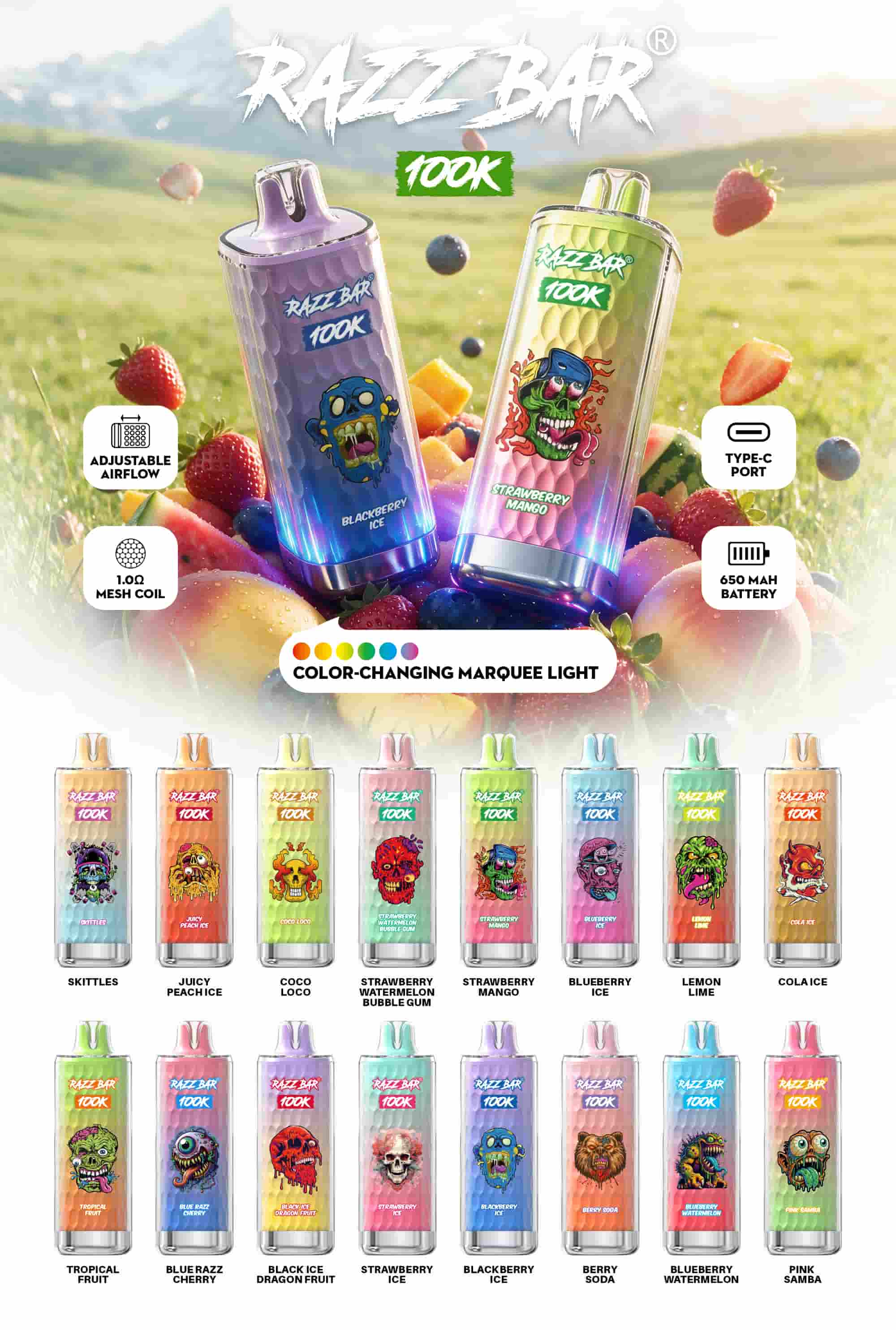 Razzbar 100K Puff Disposable Vape Pen E Cigarette 10000 Puffs Razz Bar Disposable Vape 