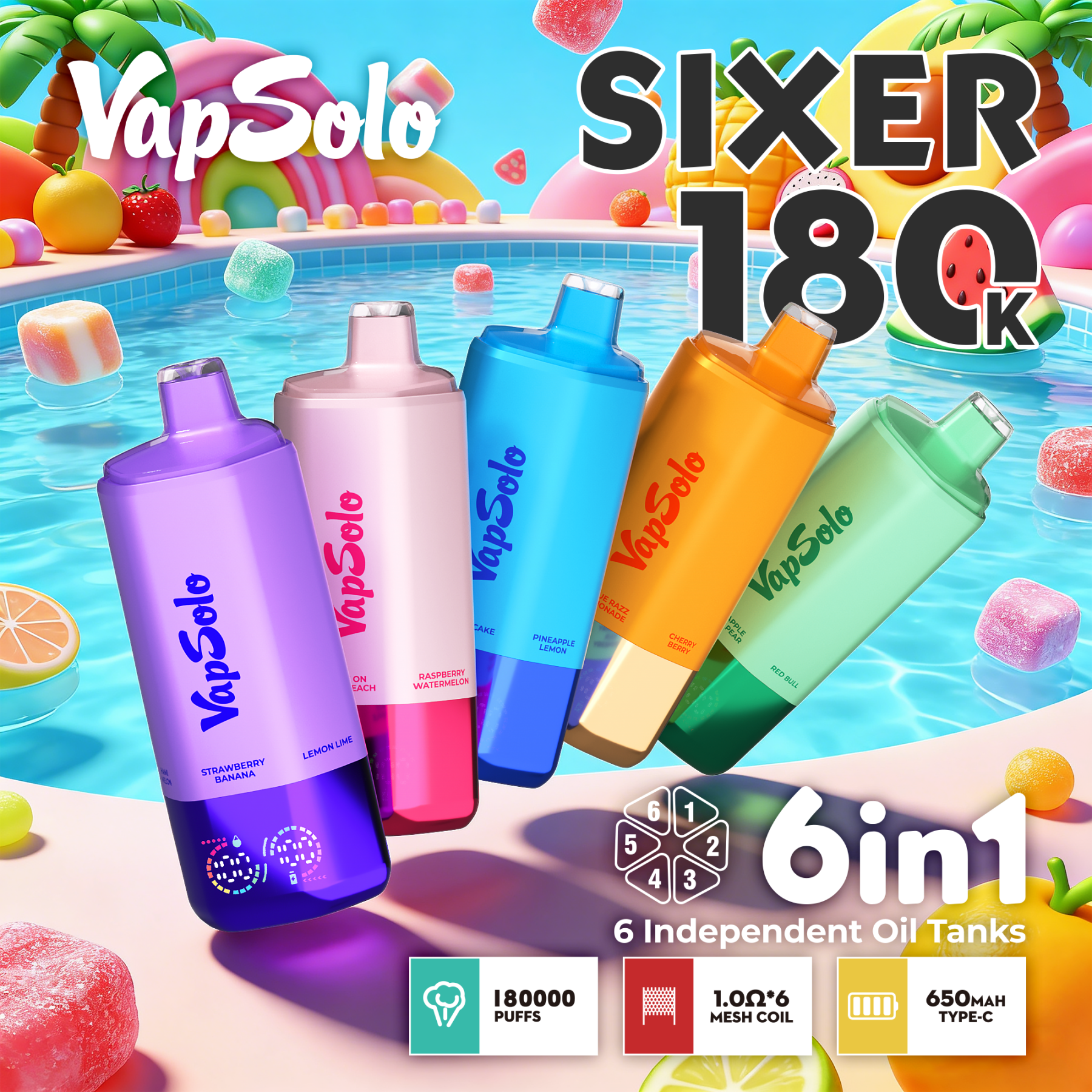 EU Germany Spain warehouse Vapsolo Sixer 180k puffs 6in1 Disposable Vape pen Wholesale Electronic Cigarette Vaper