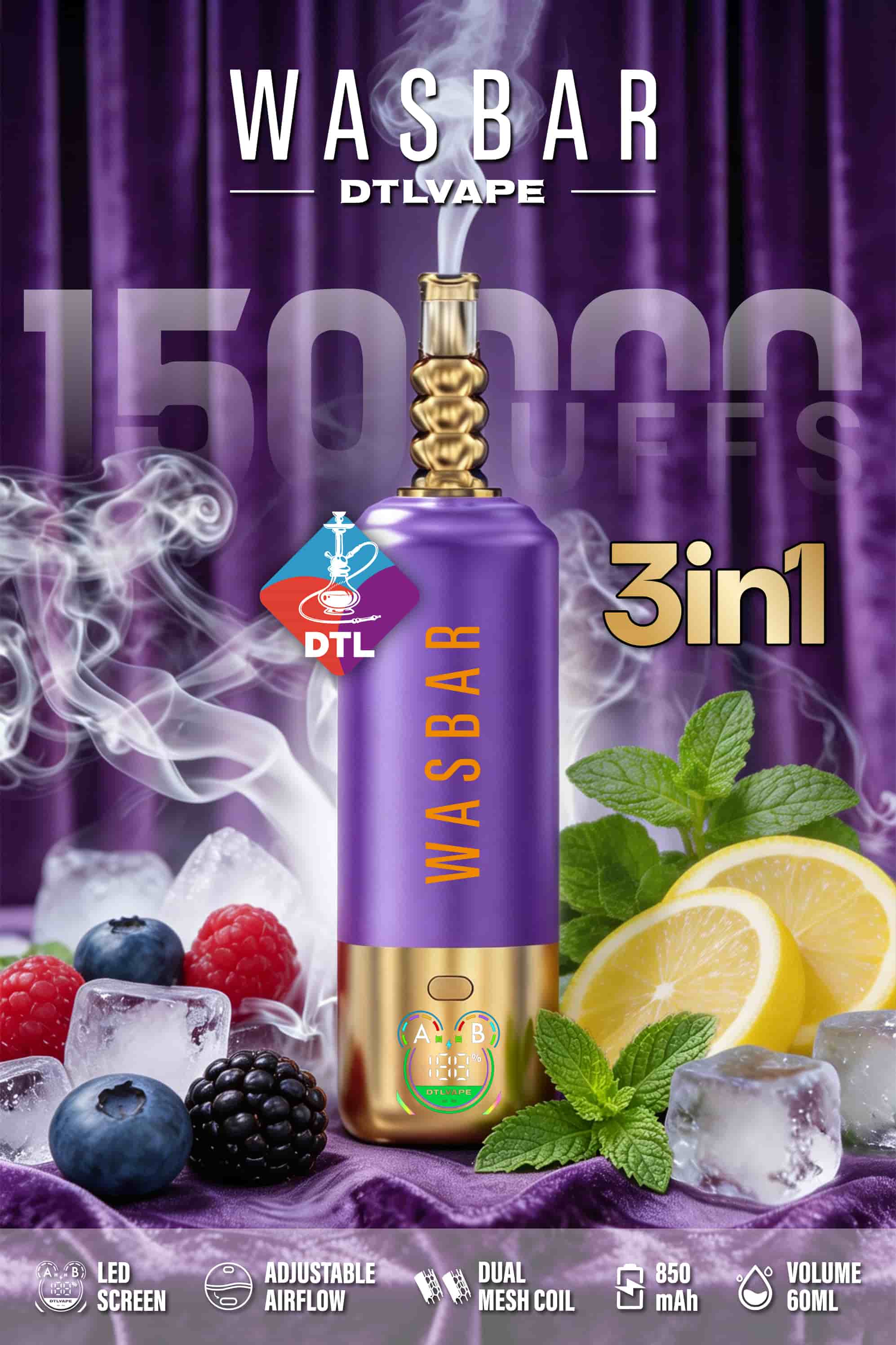 WASBAR DTL 150K 3in1 Shisha 150k Puffs