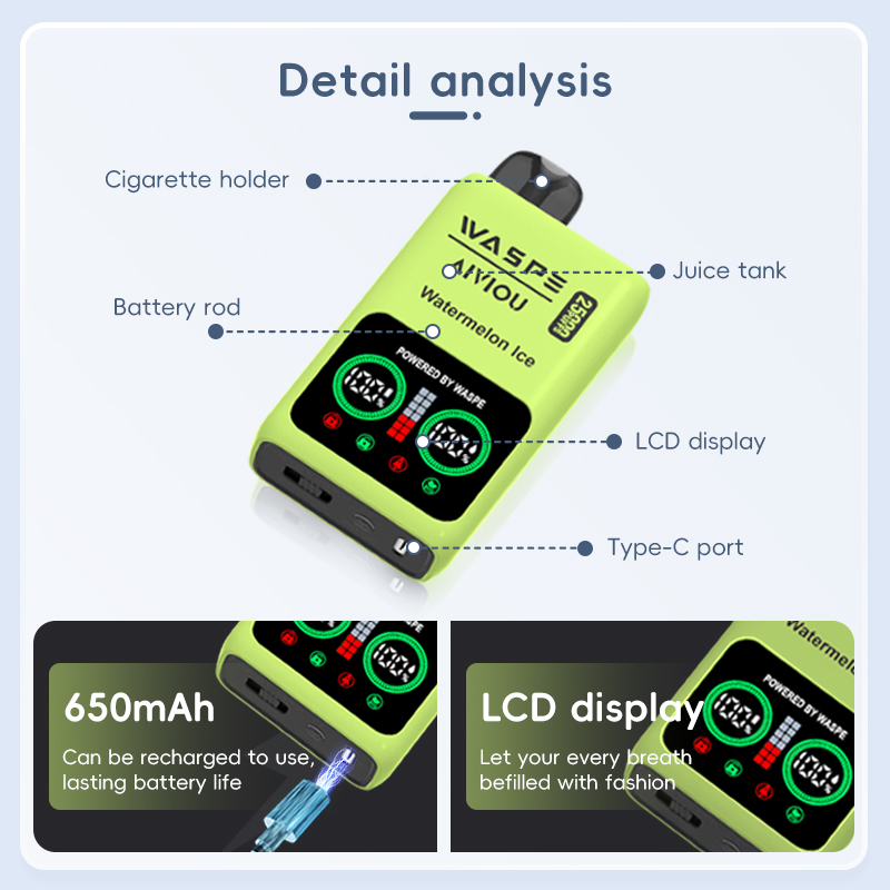 Original Disposable Vape Waspe 25K Puff Wholesale E-Cigarette Fruit Flavor LCD Display Dual Mesh