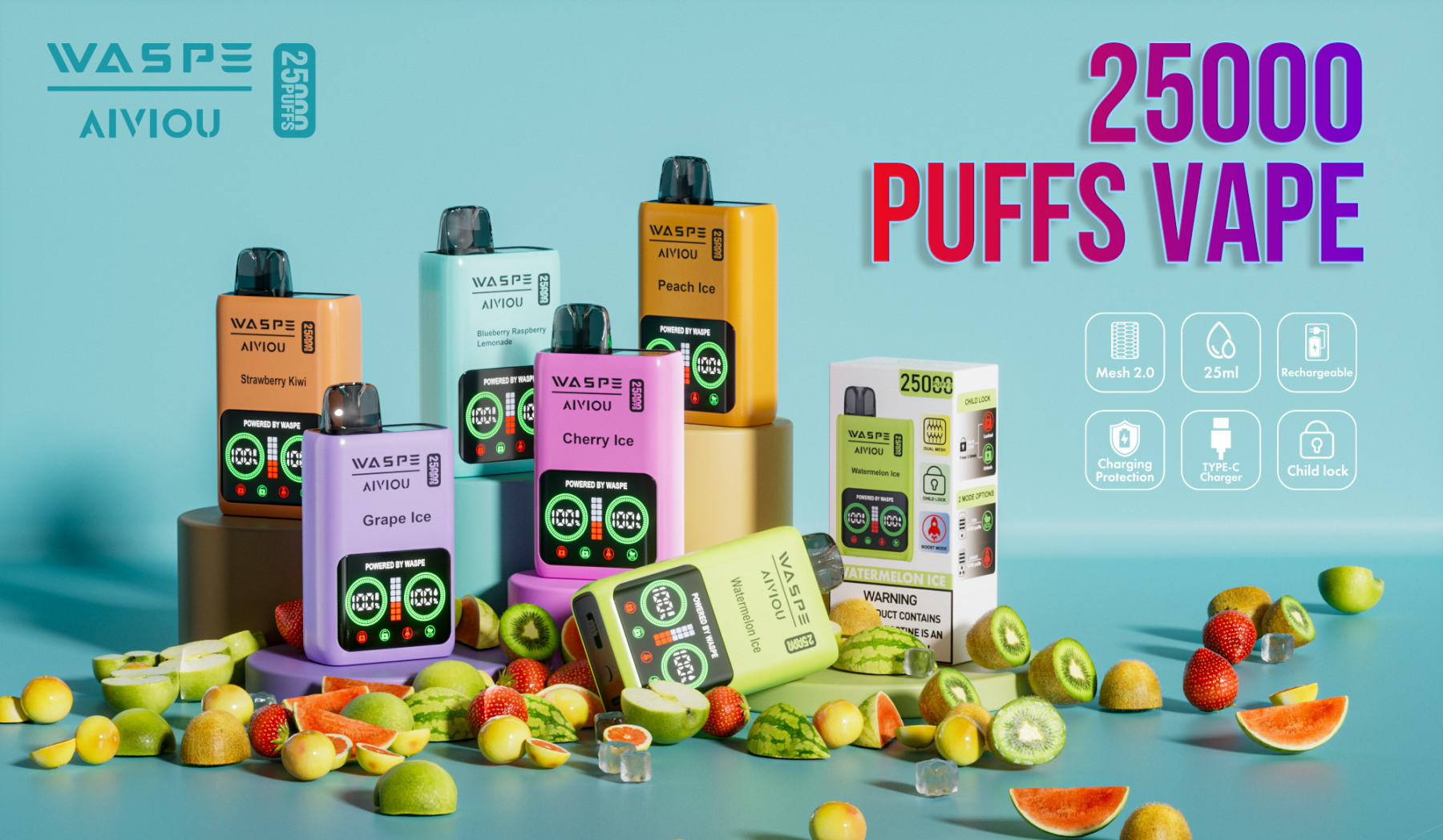 Original Disposable Vape Waspe 25K Puff Wholesale E-Cigarette Fruit Flavor LCD Display Dual Mesh
