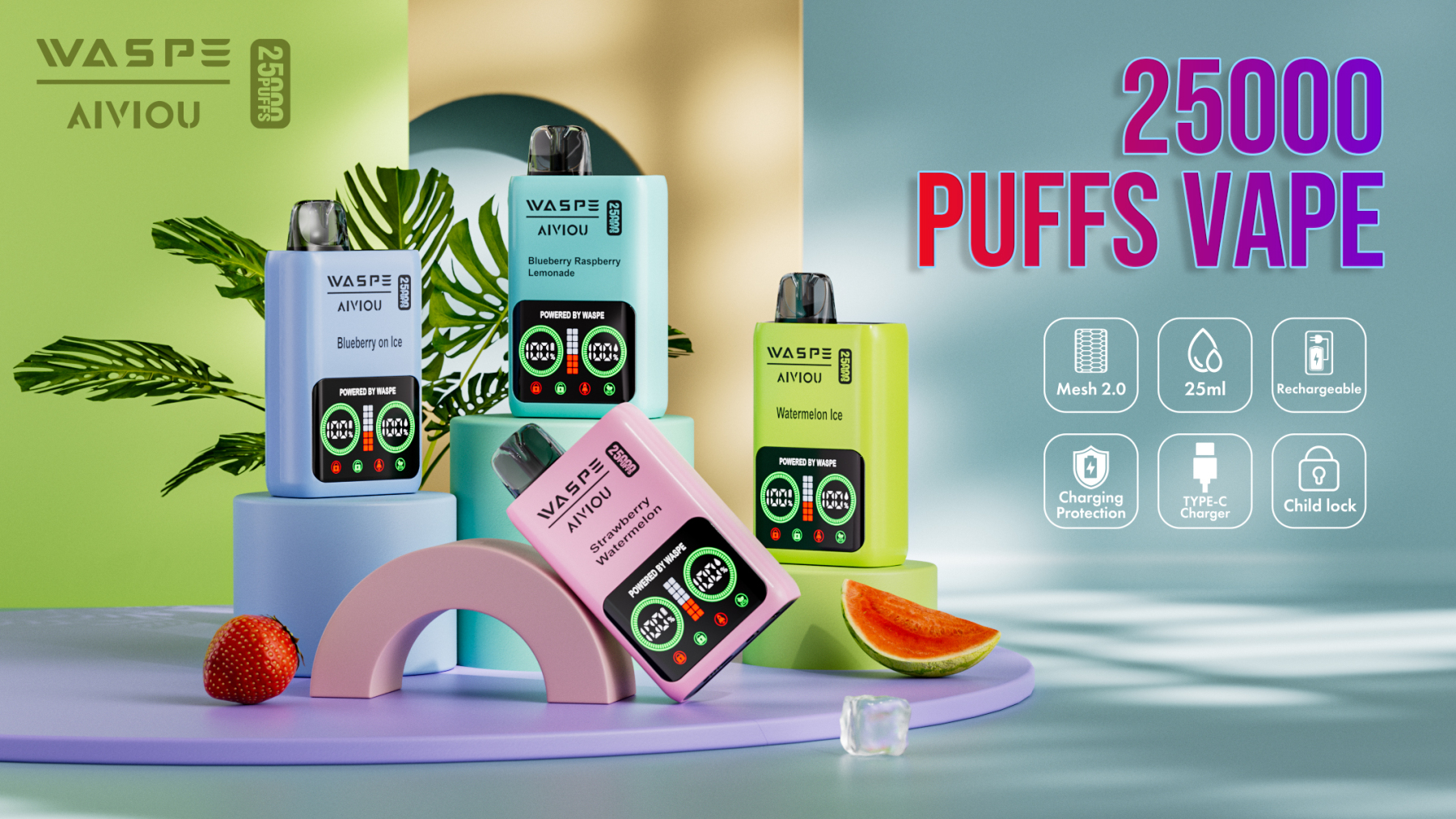 Original Disposable Vape Waspe 25K Puff Wholesale E-Cigarette Fruit Flavor LCD Display Dual Mesh