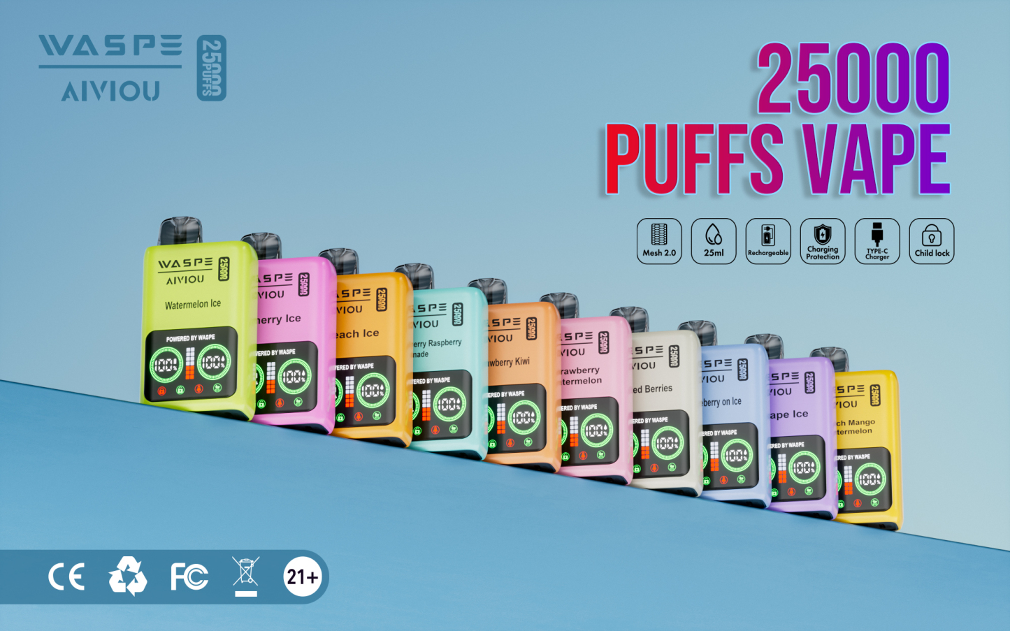 Original Disposable Vape Waspe 25K Puff Wholesale E-Cigarette Fruit Flavor LCD Display Dual Mesh