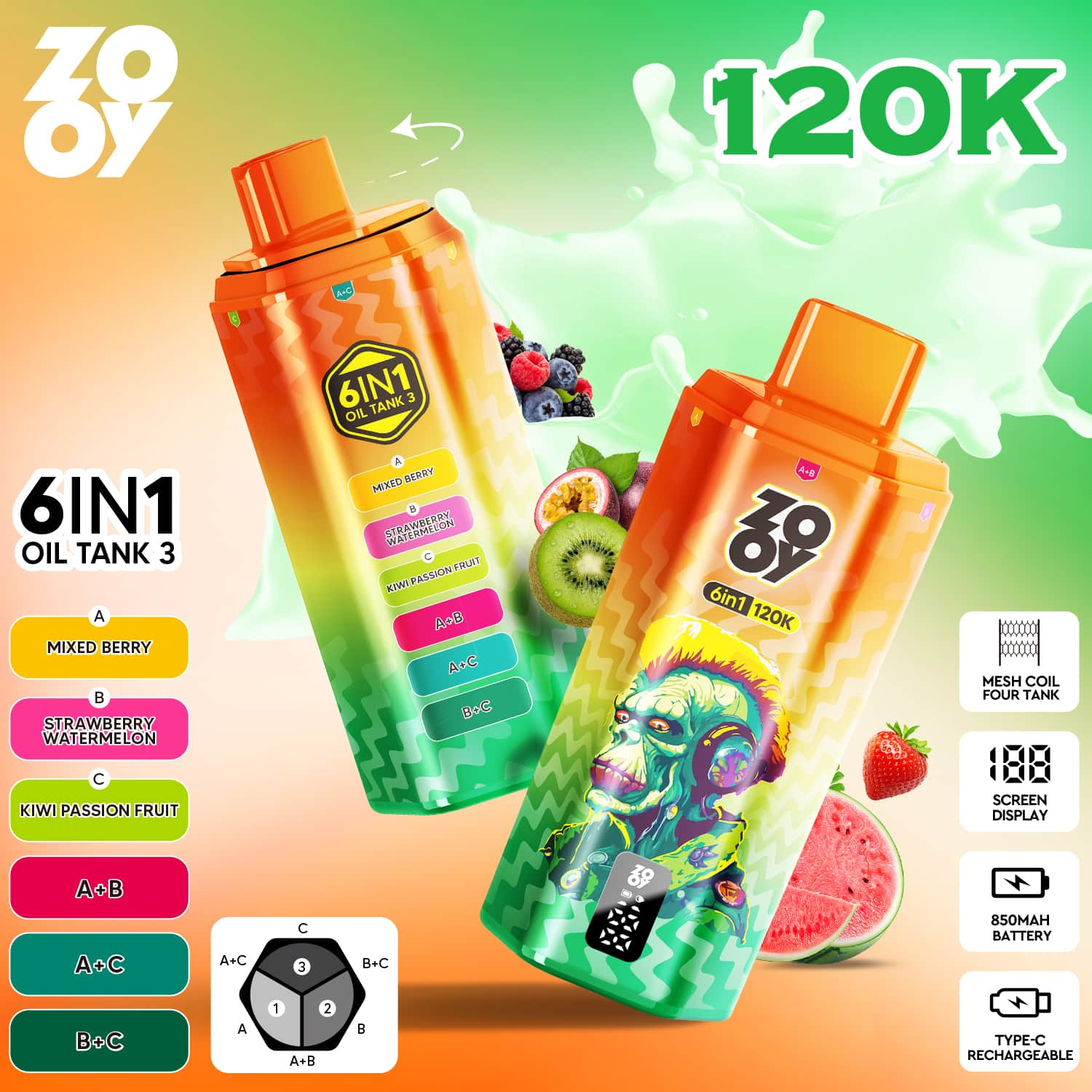 Zooy 6 in 1 120000 120K Puffs 100K 200K 300K Vapers 300000 200000 100000 Disposable Vape 80K