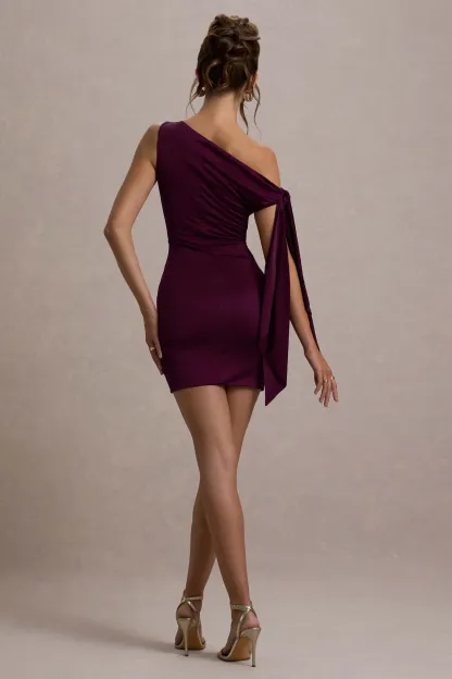Plum Asymmetric Mini Dress With Tie Sleeve