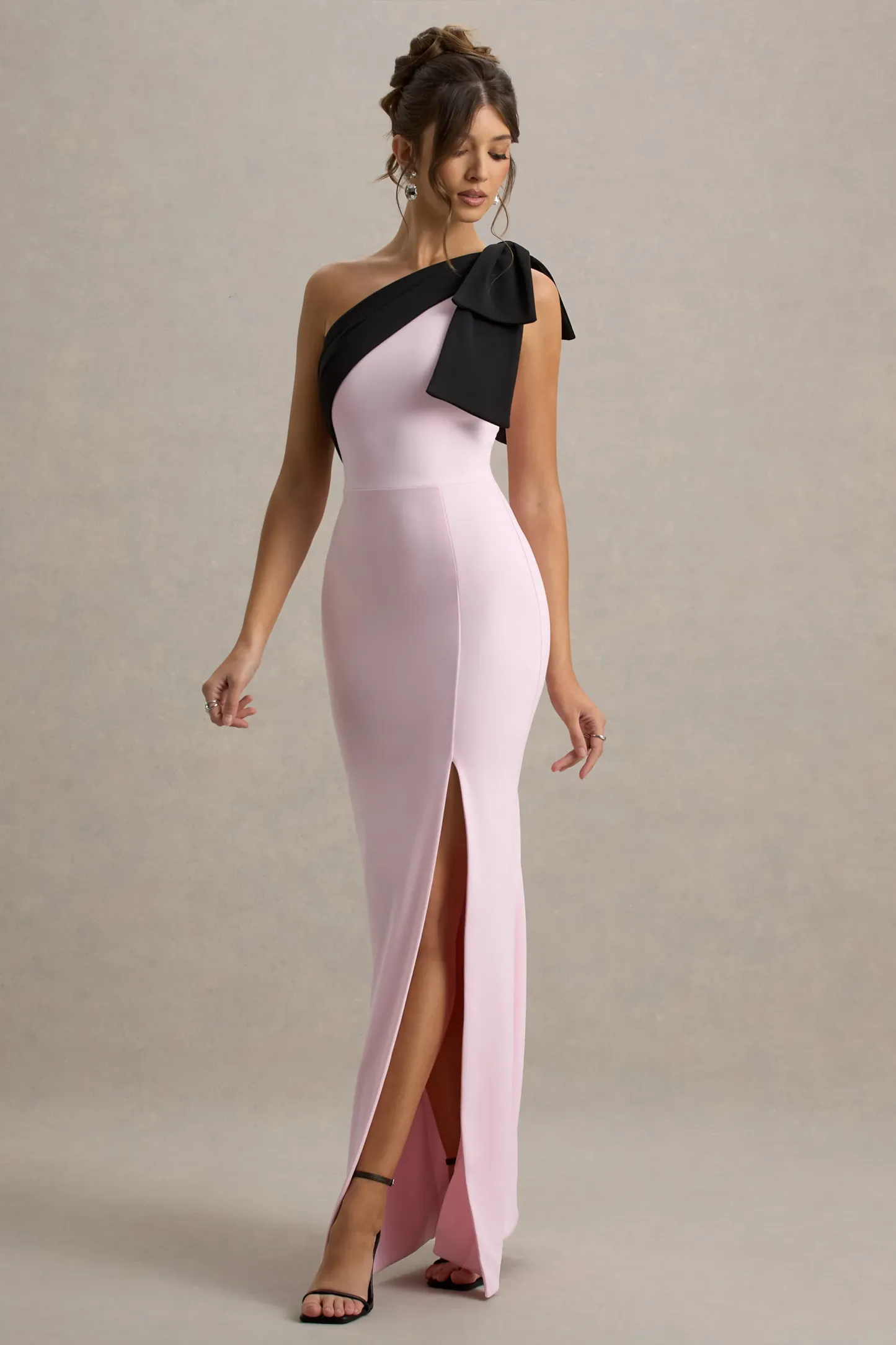 Pink & Black One-Shoulder Bow Maxi Dress