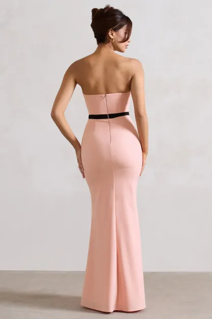 Pink Structured Strapless Corset Maxi Dress With Bow