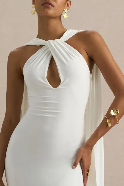 White Twist Halter-Neck Cape Maxi Dress