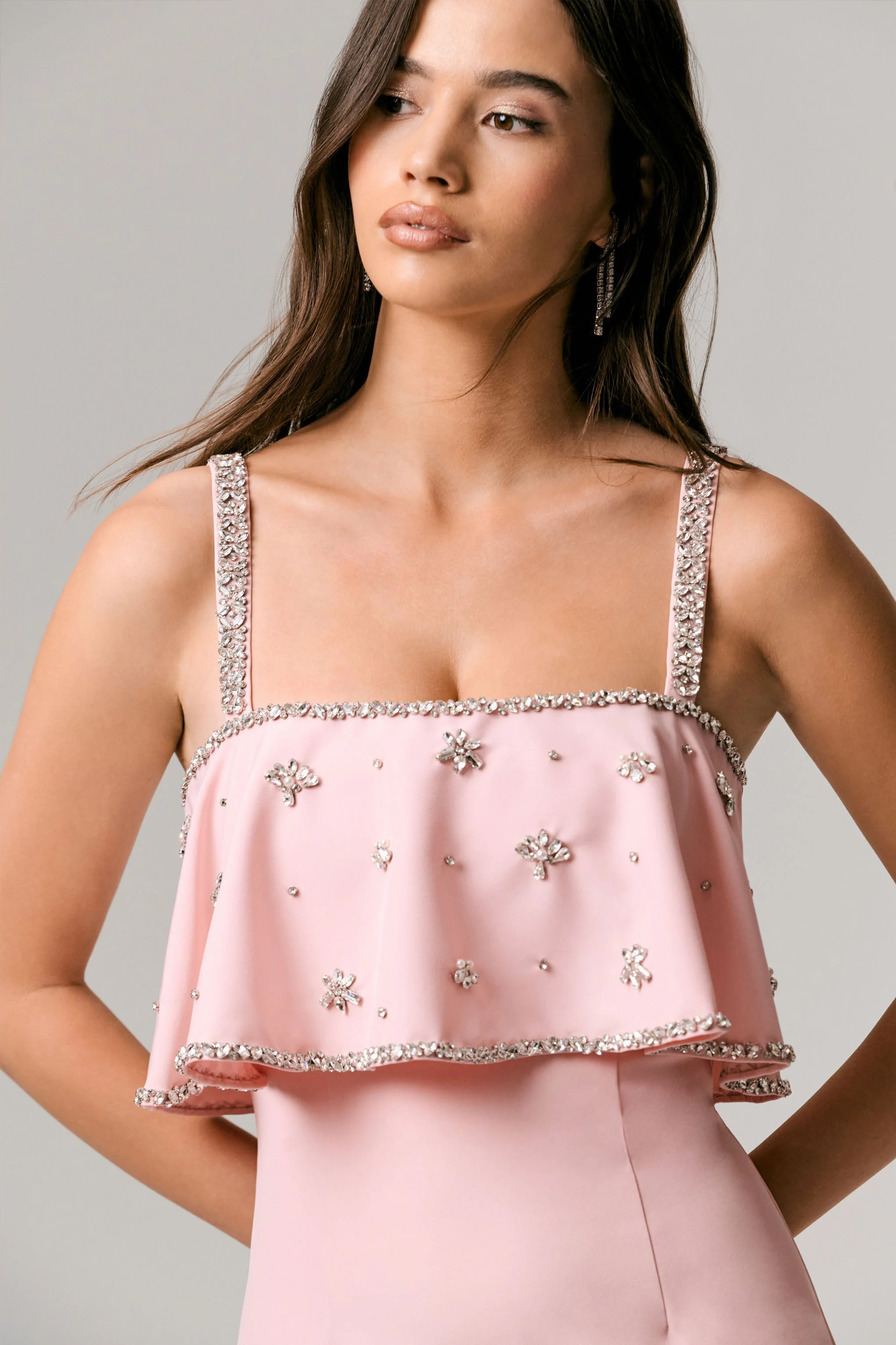 Pale Pink Square-Neck Embellished Maxi Dress