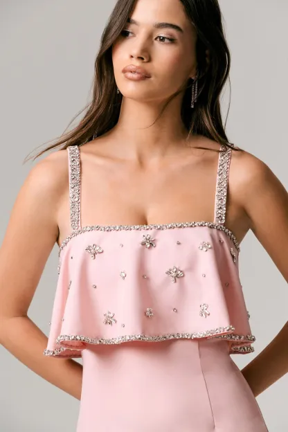 Pale Pink Square-Neck Embellished Maxi Dress