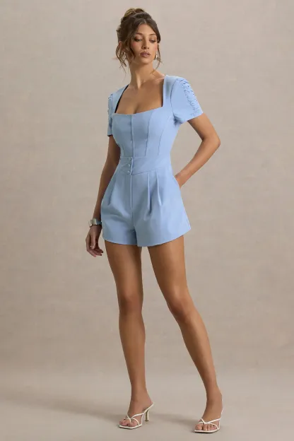Light Blue Linen Short-Sleeve Playsuit