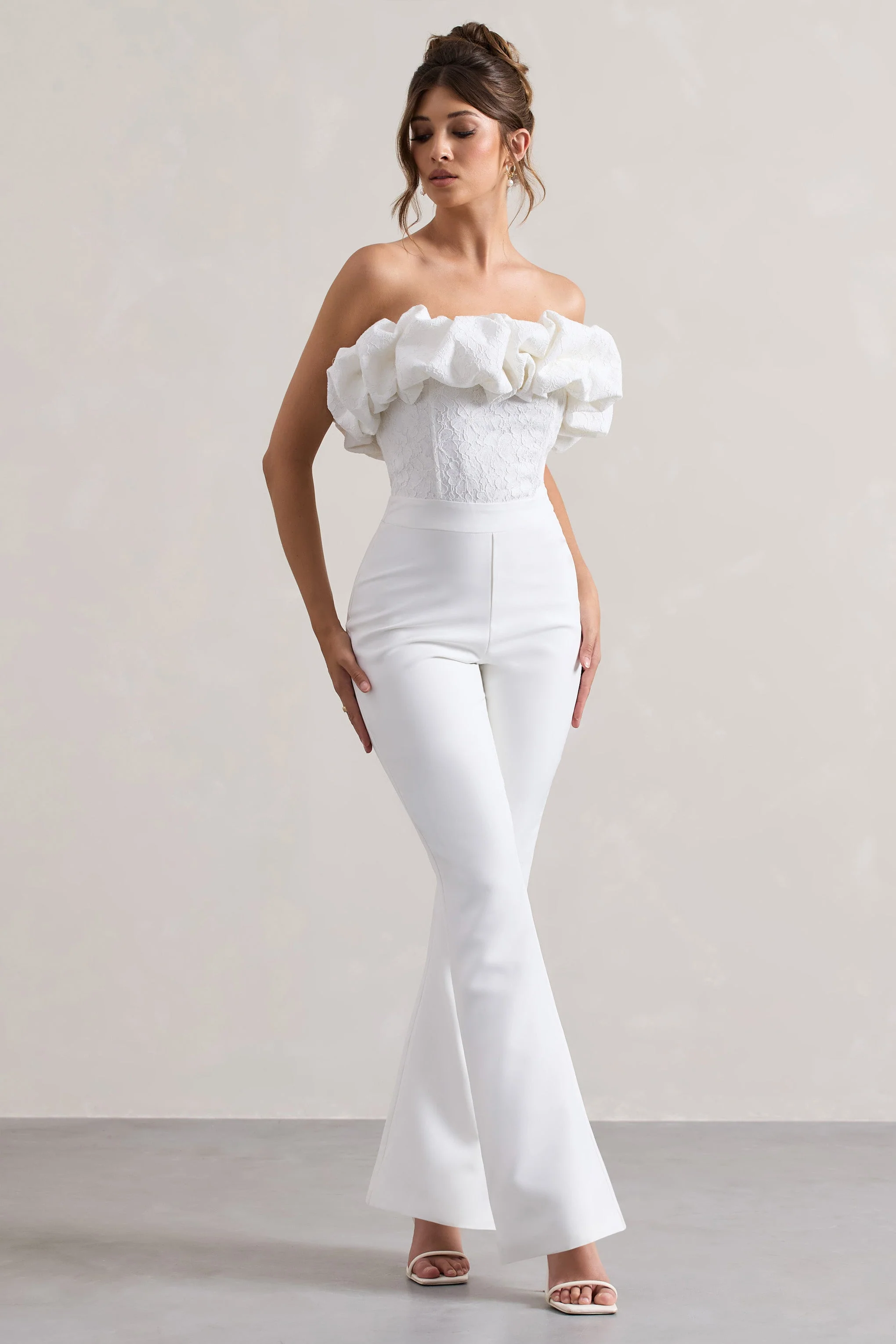 White Strapless Ruffled Flared-Leg Jumpsuit
