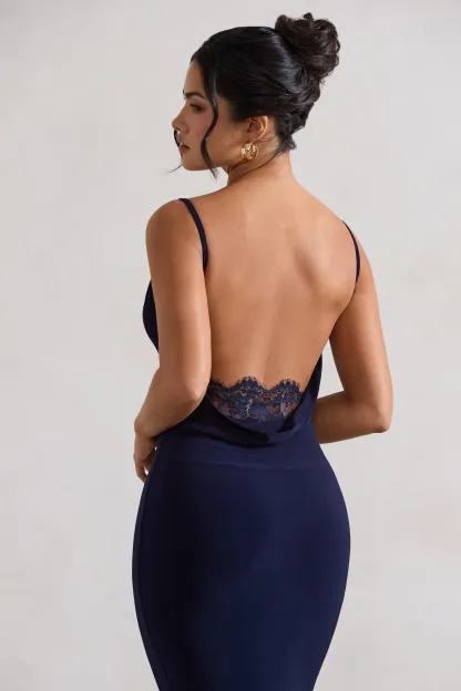 Navy Cowl-Neck Open-Back Midi Dress With Lace