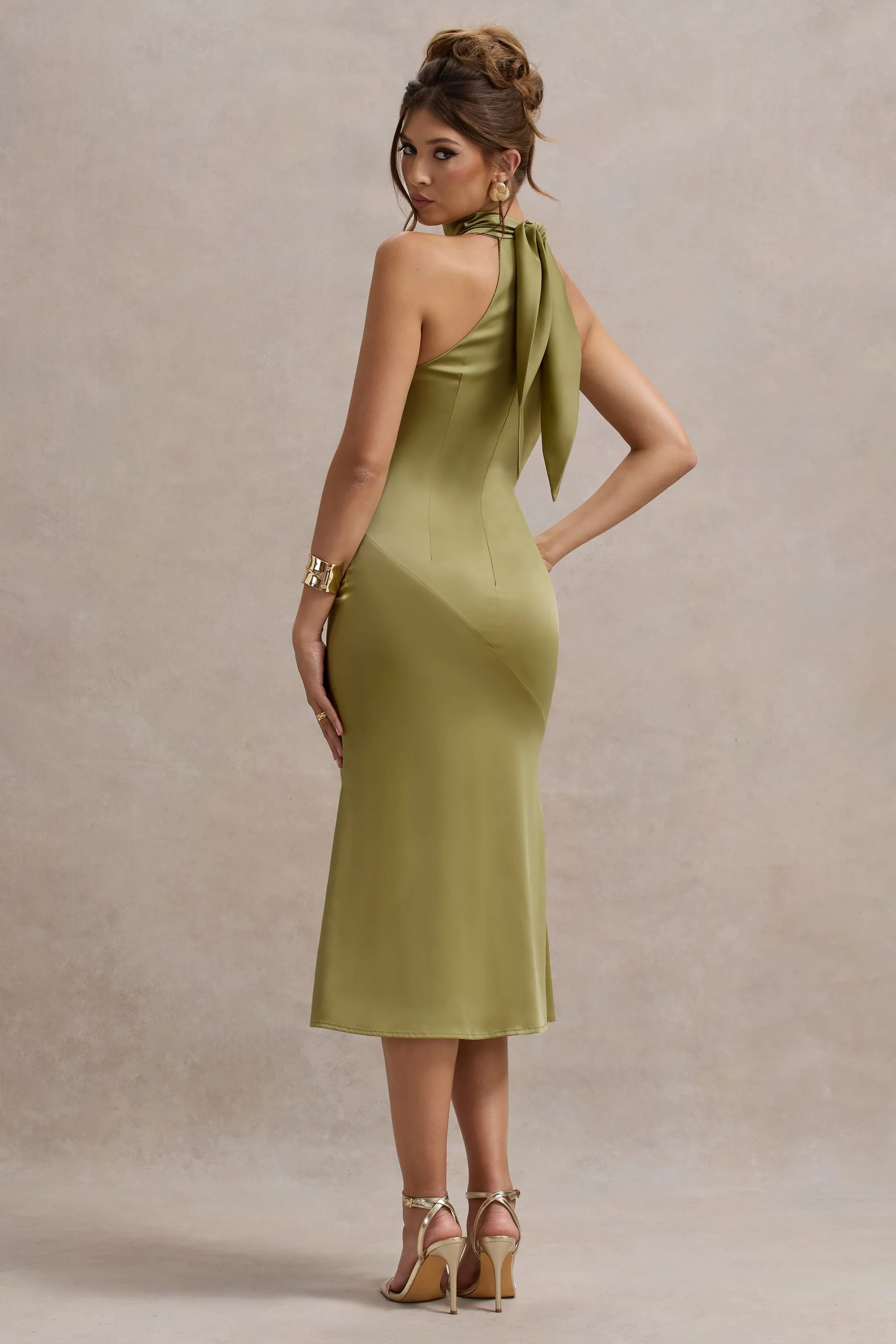 Olive Satin High-Neck Split Midi Dress