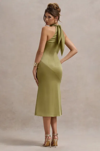 Olive Satin High-Neck Split Midi Dress
