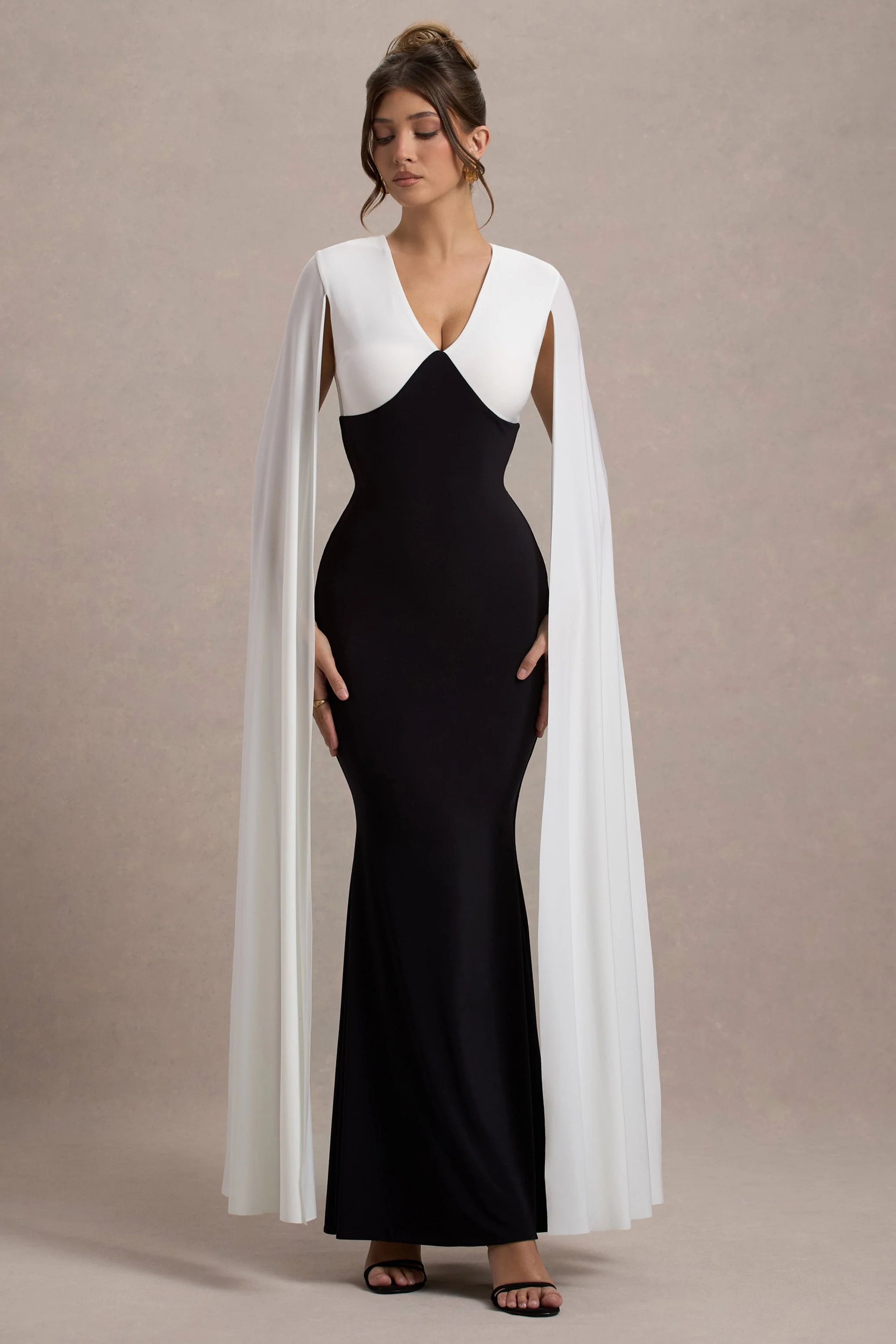 Black & White Plunge-Neck Maxi Dress With Cape Sleeves