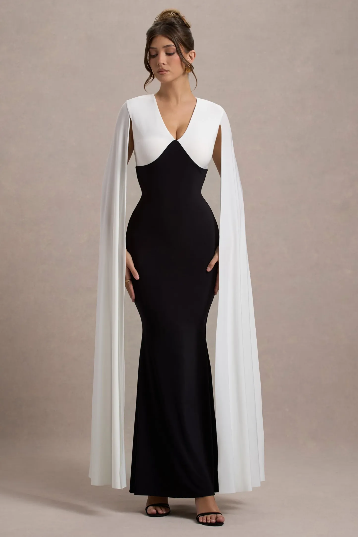 Black & White Plunge-Neck Maxi Dress With Cape Sleeves
