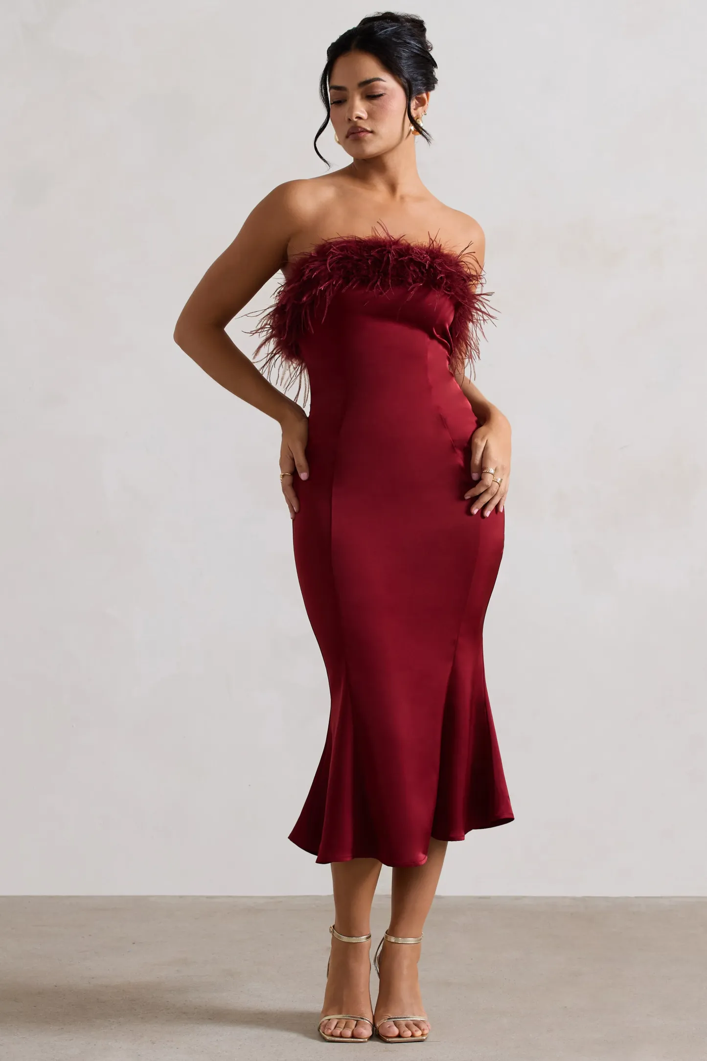 Berry Satin Feather Trim Bandeau Midi Dress