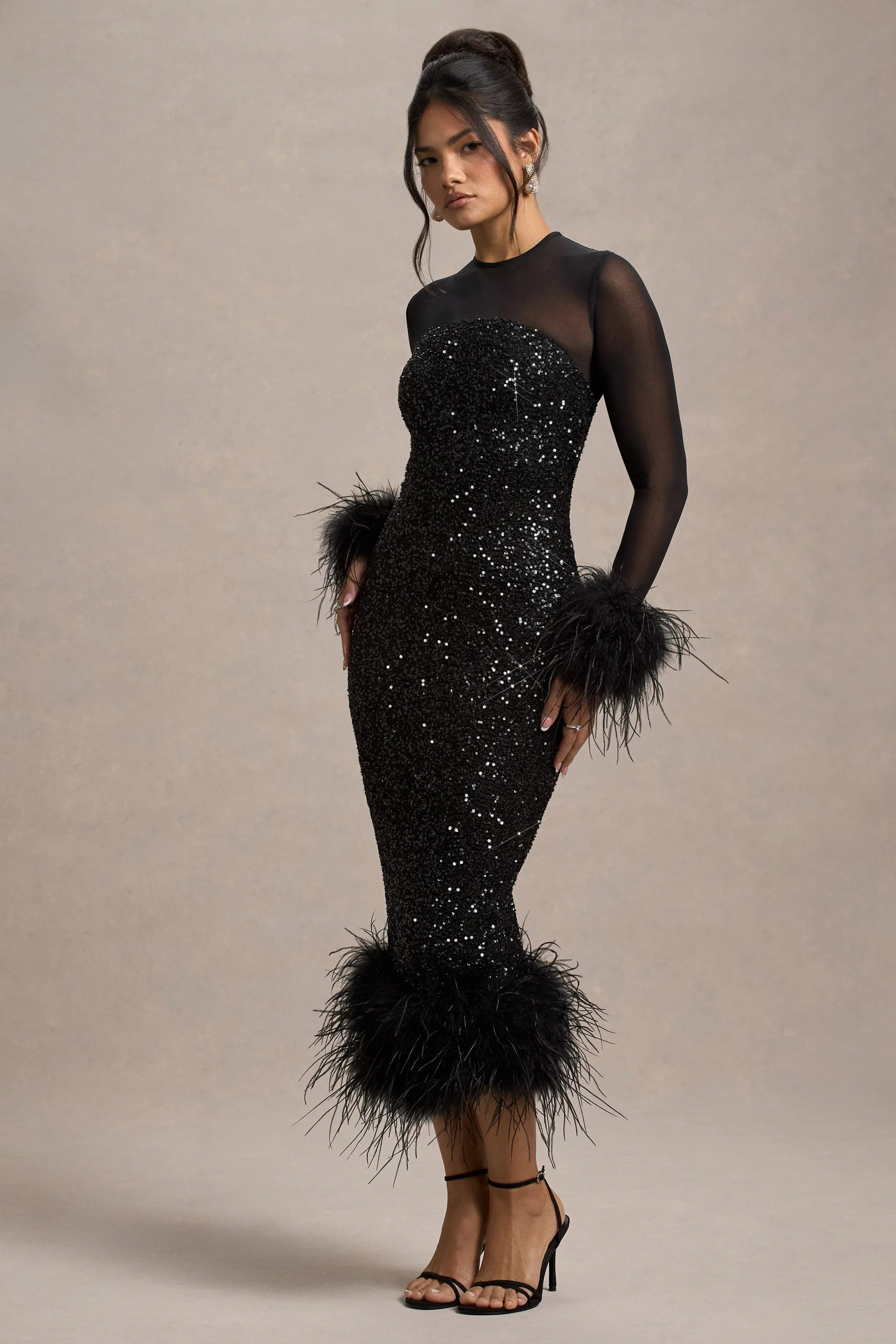 Black Sequin Long-Sleeve Midi Dress With Feather Trims