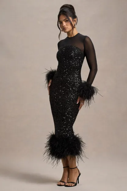 Black Sequin Long-Sleeve Midi Dress With Feather Trims