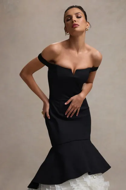 Black & Cream Bardot Maxi Dress With Tulle Skirt