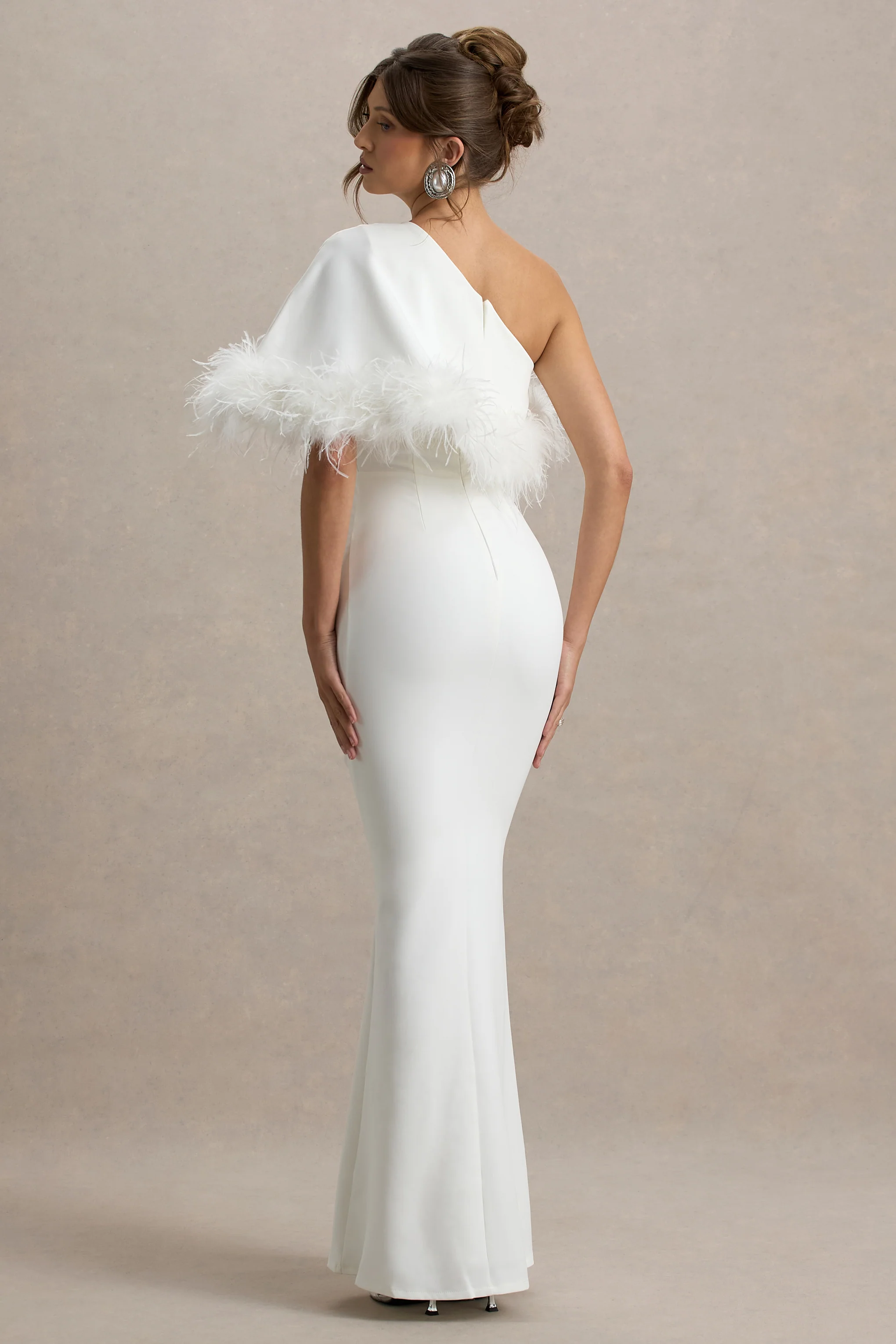 White Asymmetric Maxi Dress With Feather Trim