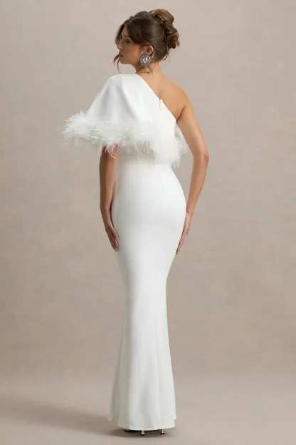 White Asymmetric Maxi Dress With Feather Trim