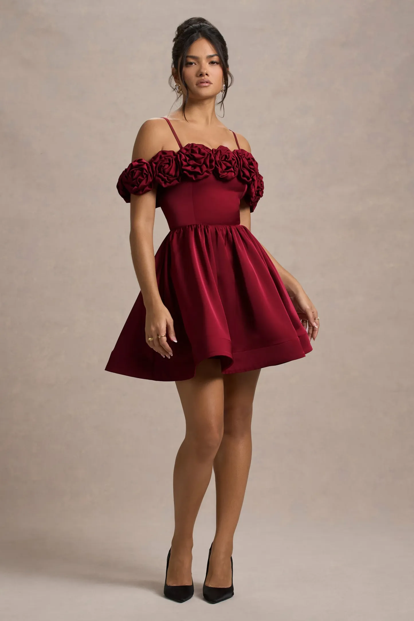 Berry Satin Floral Skater Mini Dress