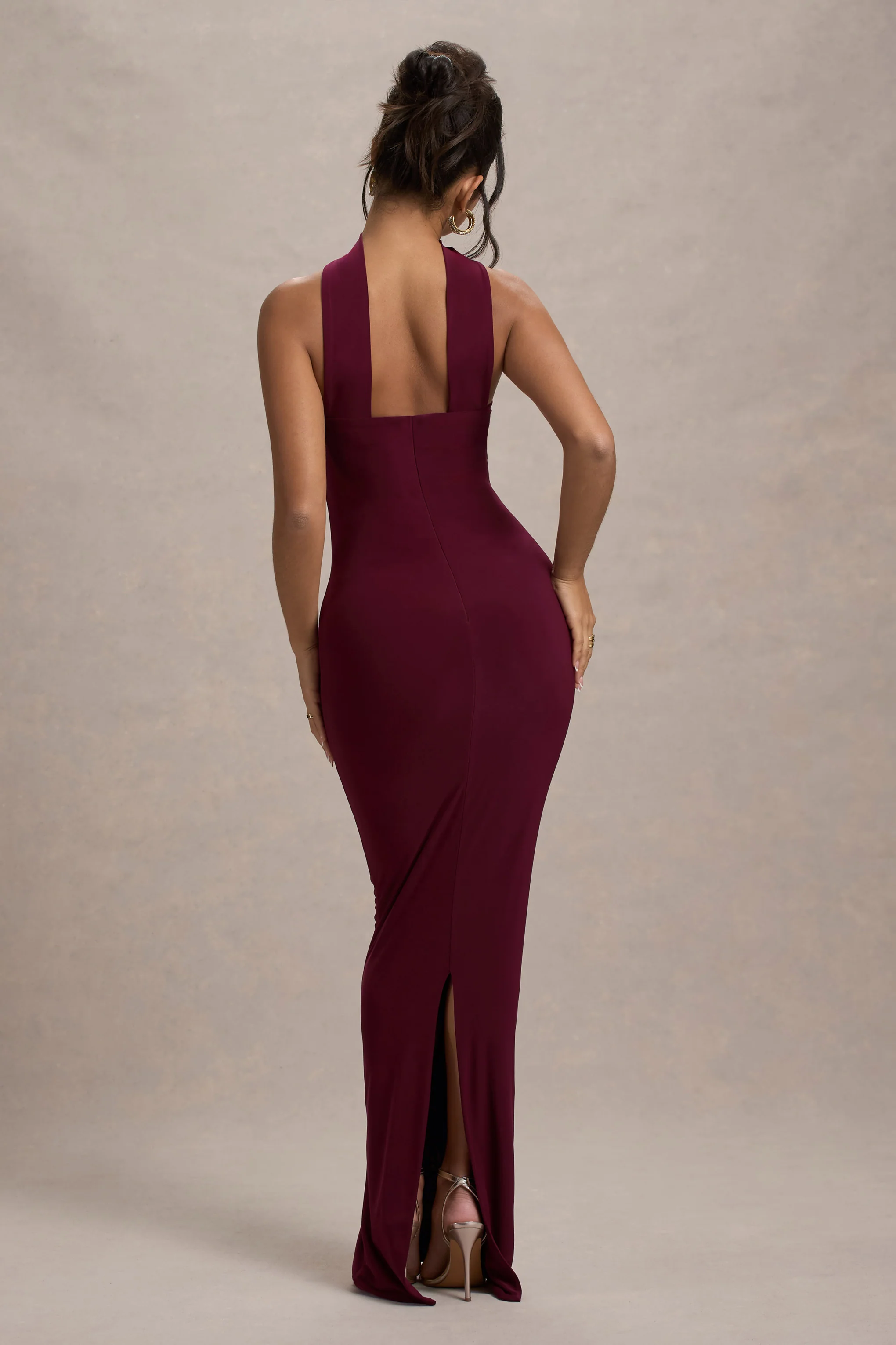 Burgundy Bandeau Maxi Dress With Halter-Collar
