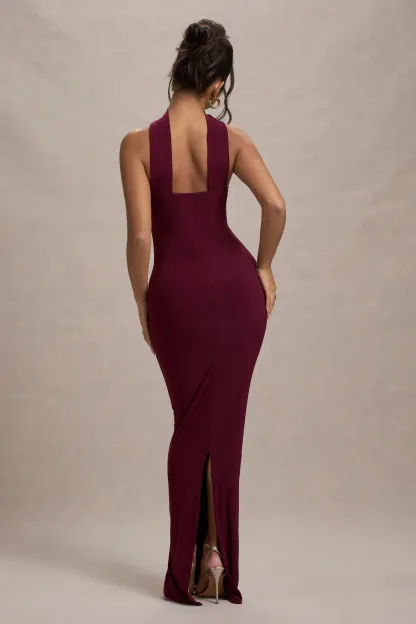 Burgundy Bandeau Maxi Dress With Halter-Collar