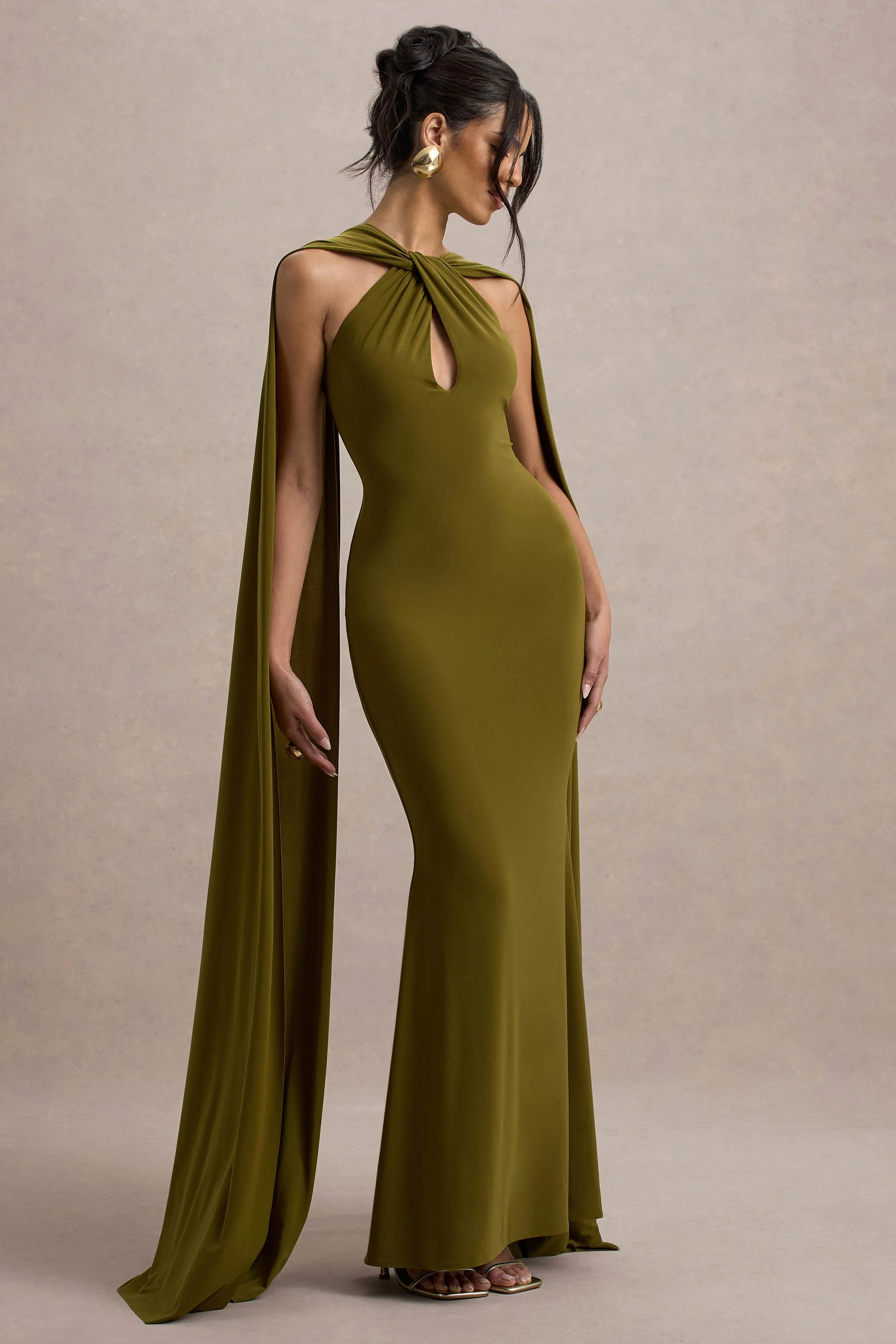 Green Twist Halter-Neck Cape Maxi Dress