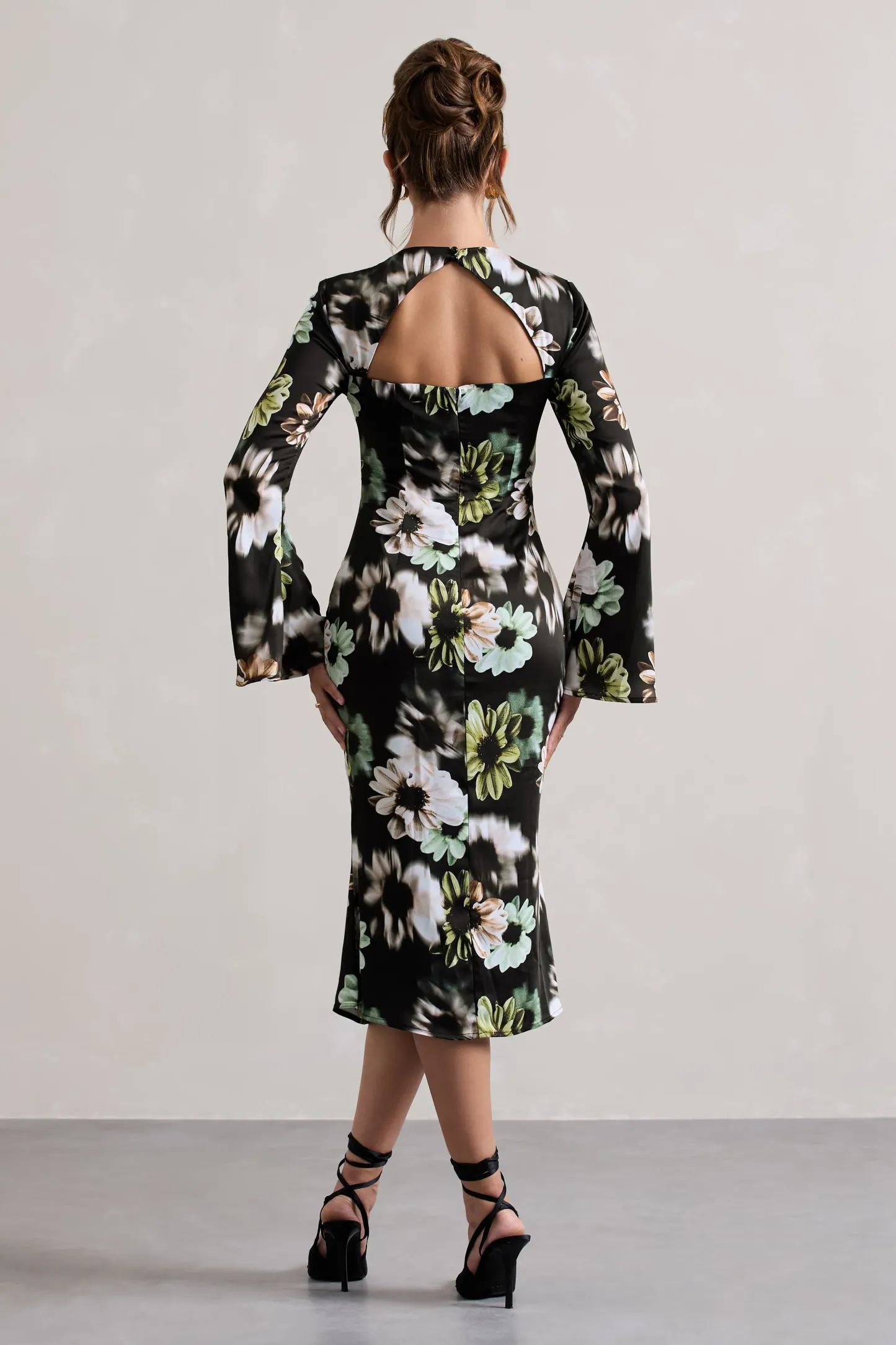 Black Floral Print Satin Long-Sleeve Midi Dress
