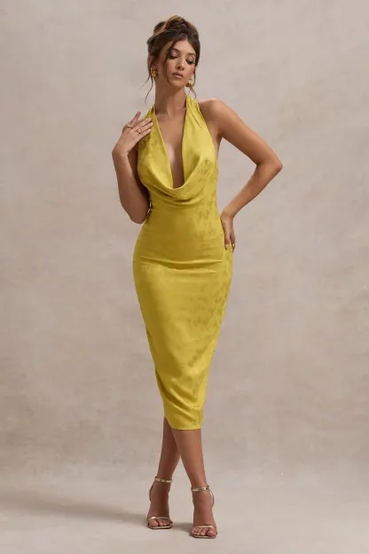 Mustard Satin Jacquard Cowl-Neck Midi Dress