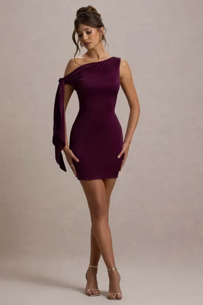 Plum Asymmetric Mini Dress With Tie Sleeve