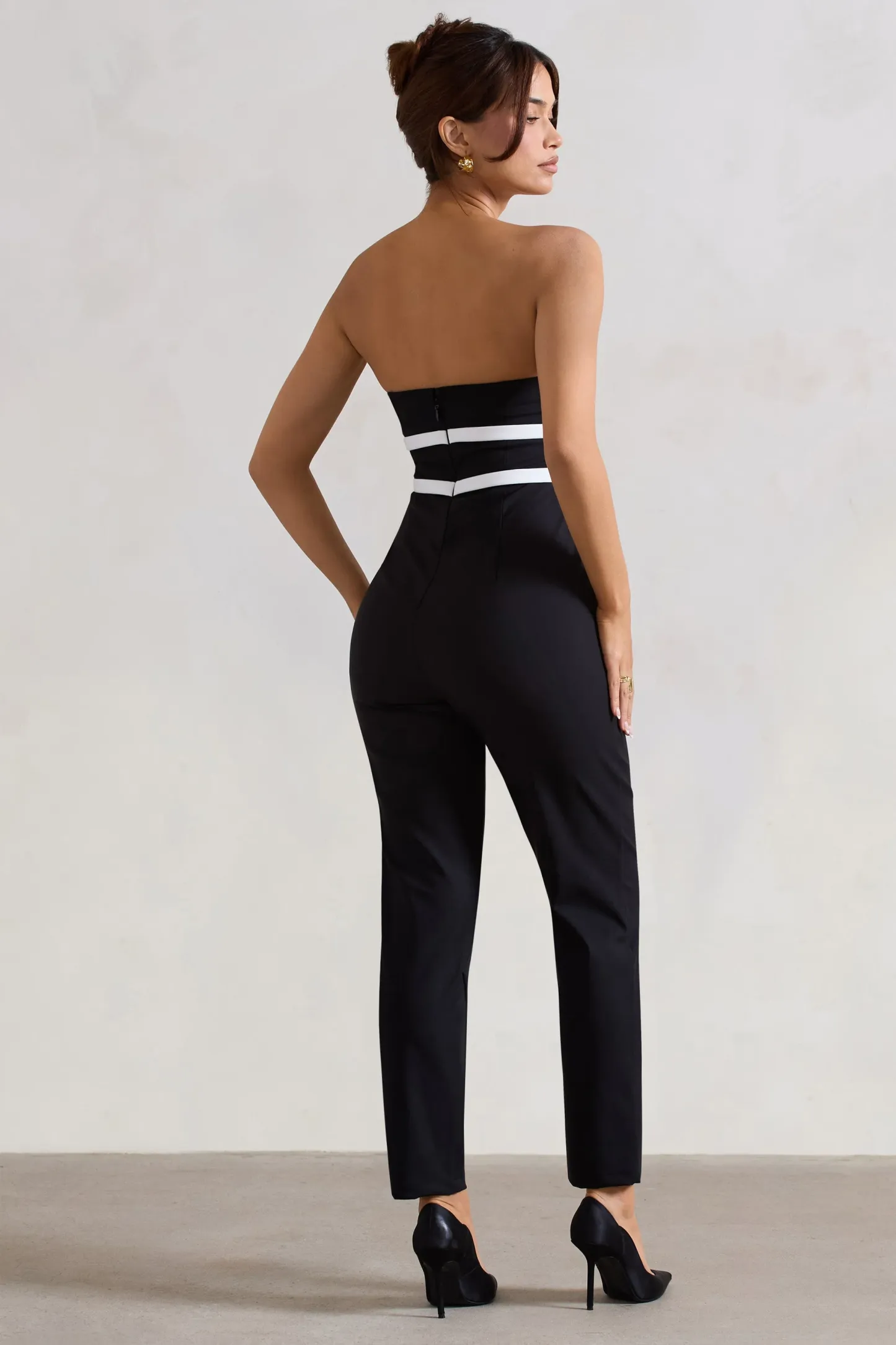Black Strapless Tailored Straight-Leg Jumpsuit With Bows