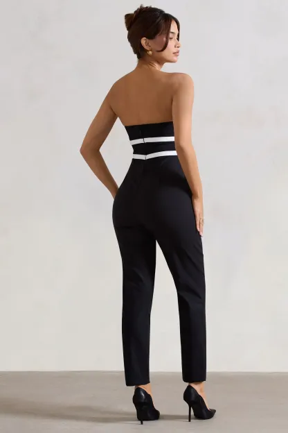 Black Strapless Tailored Straight-Leg Jumpsuit With Bows